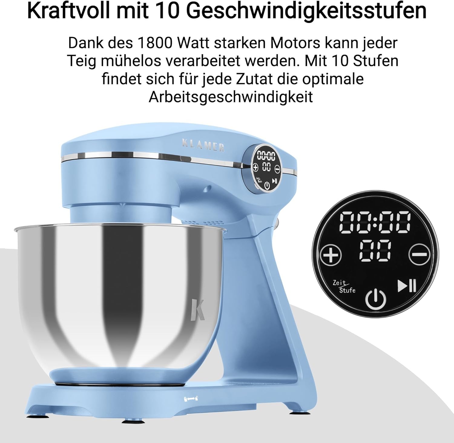 KLAMER Küchenmaschine 1800W, Knetmaschine mit 6 Liter Edelstahl Schüssel, 10 Geschwindigkeitsstufen mit Timer, Rührbesen, Knethaken, Schneebesen und Spritzschutz