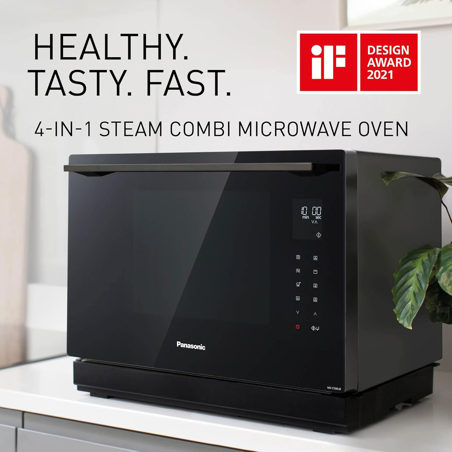 Panasonic NN-CS88LBEPG | 4-in-1-Kombi-Dampfofen, 31 l, Inverter, Drehheizung auf 30-230 °C, Flachgrill 1300 W, Mikrowelle 1000 W, Dampf 1300 W, feste Oberseite, Schwarz — Version FR