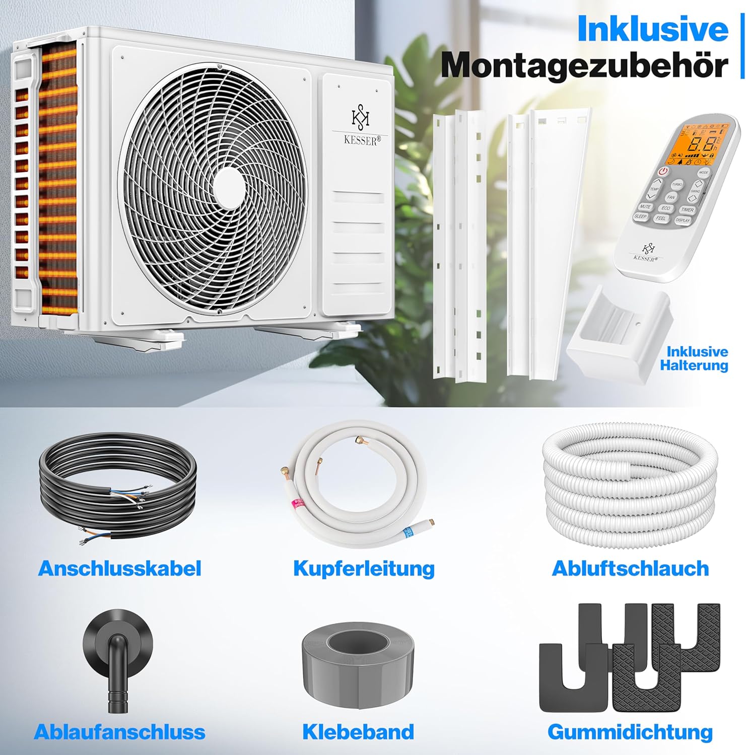 KESSER® Klimaanlage Set Split - mit WiFi/App Funktion Klimagerät - Kühlen A++/ Heizen A+ - 9000 BTU/h (2.600 Watt) Kältemittel R32 - Fernbedienung, Timerfunktion - Inkl. komplettem Montagematerial