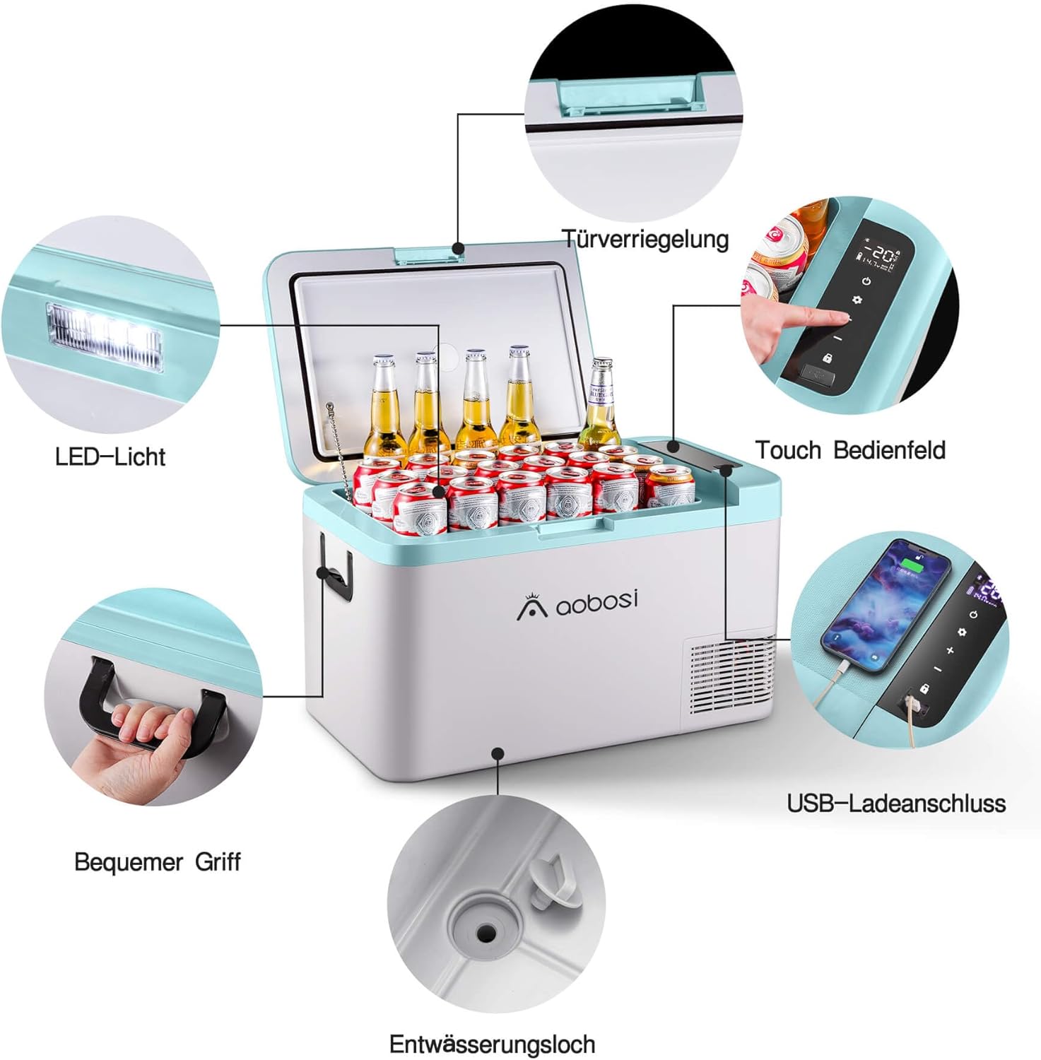 AAOBOSI Compressor Cool Box 36 L, Cool Box Car with WiFi App Control, 12/24 V and 100-240 V Electric Cool Box, up to -20 °C for Car, Truck, Boat, Motorhome, Camping, Double Zone