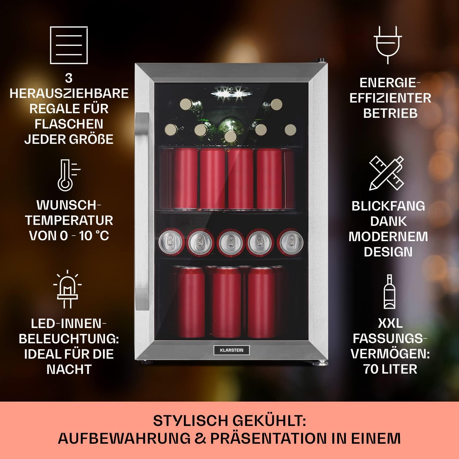 Klarstein Kühlschrank 70L, Kleiner Kühlschrank mit Herausnehmbaren Ablagen, Leiser Mini Kühlschrank mit Glastür & LED, Getränkekühlschrank Klein, Outdoor Geeignet, Biersafe für Flaschen, 0-10°C