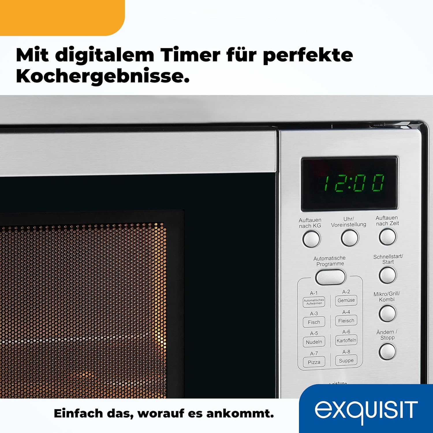 Exquisit EMW 20.1G Einbau-Mikrowelle | 20 L Garraum | 800 W | Inoxlook | 1000 W Grilleistung | 5 Leistungsstufen | Timer | Drehteller: 24,5cm Ø | 8 Autokochprogramme | Innenbeleuchtung