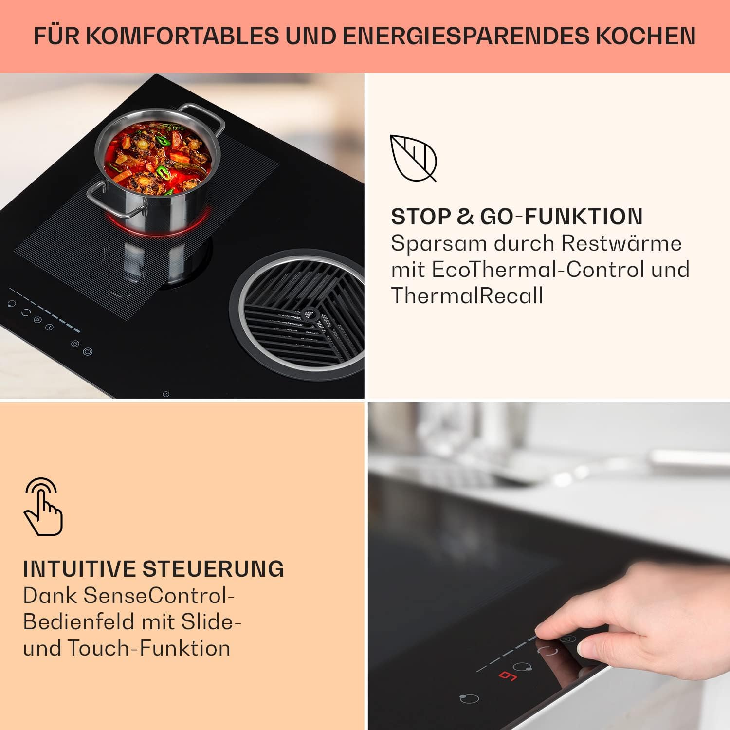 Klarstein 2-in-1 Induktionskochfeld mit Dunstabzug, Induktionskochfeld mit Abluft & Ventilator, 4-Zonen-Kochfeld, Glaskeramik-Einbauherd, Kochfeld mit Dunstabzug, Energieklasse A, 654m³/h Luftstrom