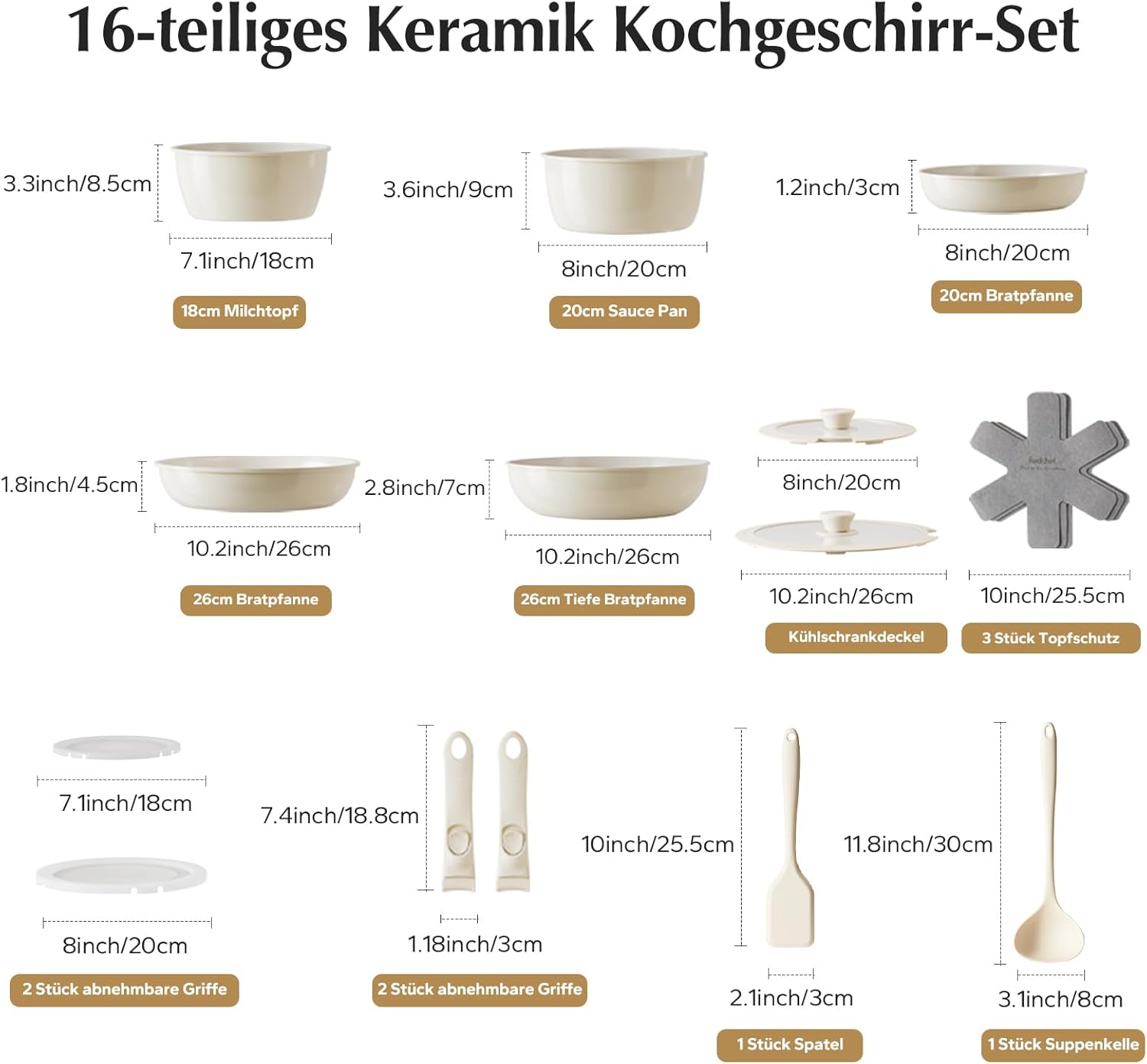 Redchef Topfsets Pfannenset 16-Teilig Antihaft-Keramik-Kochgeschirr-Set mit Abnehmbaren Griffen, Pfanne 20/26cm, Tiefe Bratpfanne 26cm, Topf 18/20cm, Stapelbar Topfset Für alle Herdarten, Ofenfest