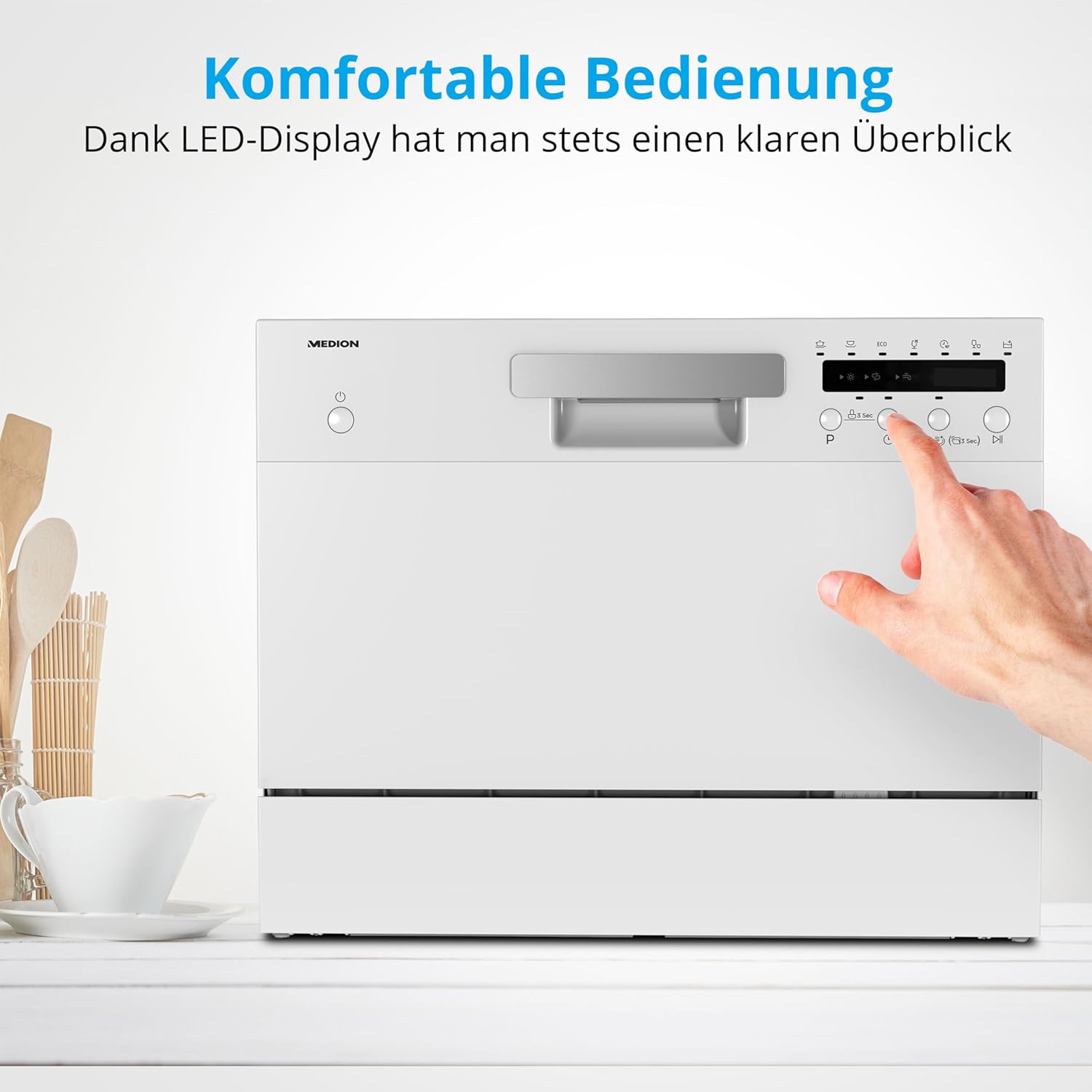 MEDION Tischgeschirrspüler DWT60 (6 Gedecke Fassungsvermögen, 7 Programme, ECO Programm, ca. 6,5 Liter Verbrauch, AquaStop, LED Display, Kindersicherung, MD37496) silber