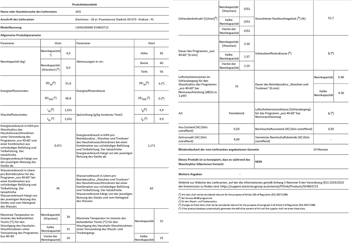 AEG L7WBA60680 Waschtrockner / DualSense - schonende Pflege / 8 kg Waschen / 5 kg Trocknen / D / energiesparend / Mengenautomatik / Nachlegefunktion / ProSteam - Auffrischfunktion / 1600 U/min Weiß