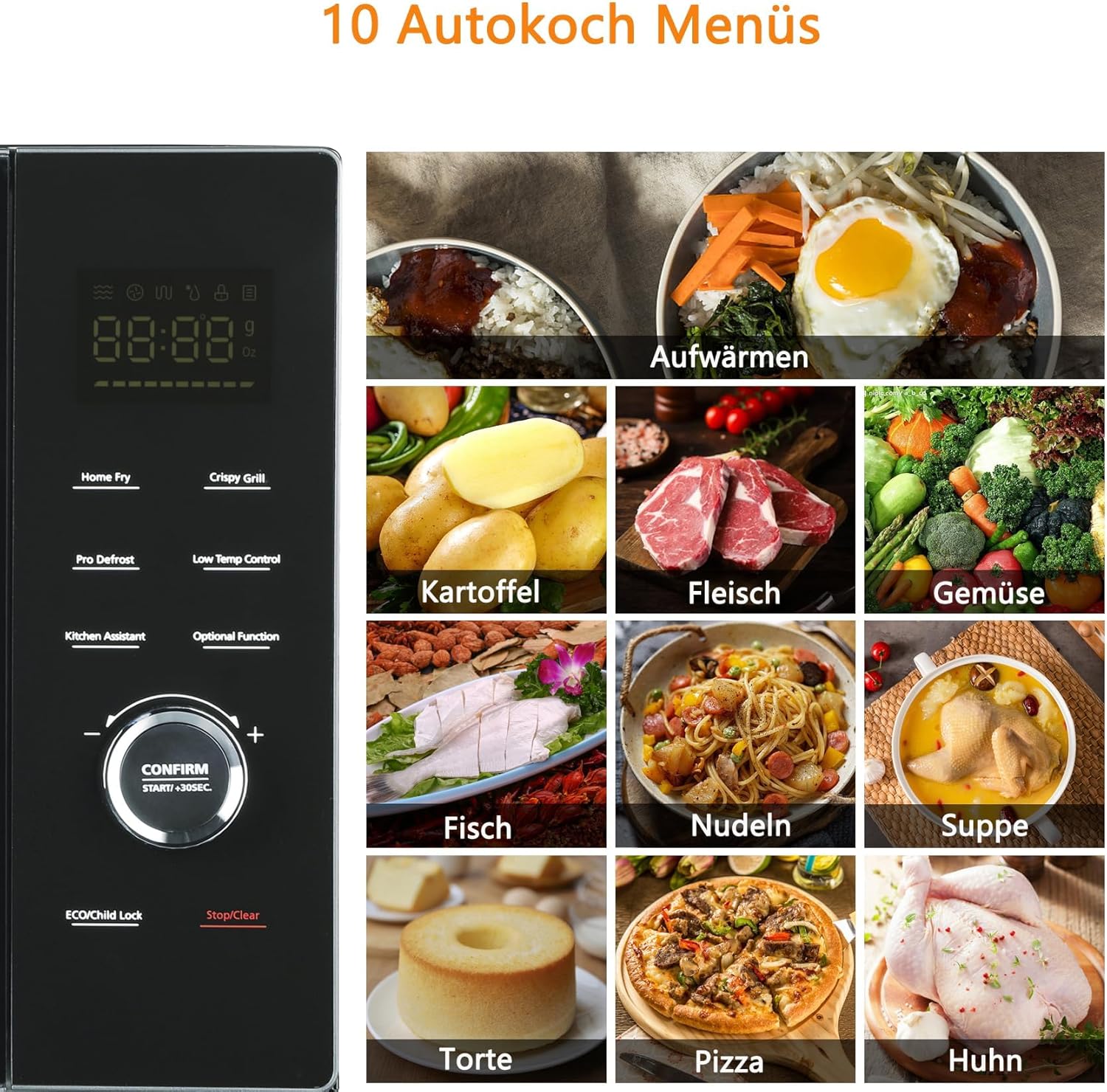 Techomey 4 IN 1 Mikrowelle mit Grill 34L, 1000W Mikrowelle mit Grill und Heißluft, Konvektions Mikrowelle 2400W, Mikrowelle mit Grill 2400W, Kombi Mikrowelle, ECO-Modus, Edelstahl