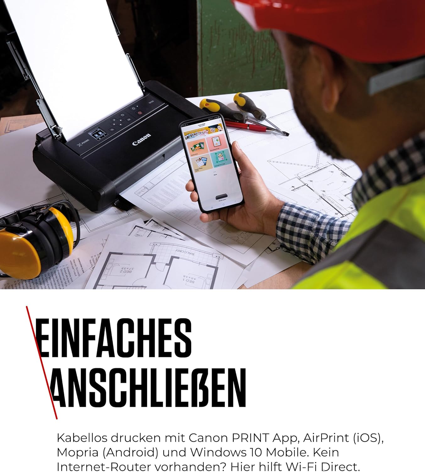 Canon PIXMA TR150 mobiler Drucker mit Akku (WLAN, Cloud, AirPrint, 4.800 DPI x 1.200 DPI, Highspeed USB Typ C, OLED-Display, Tintenstrahldrucker), schwarz