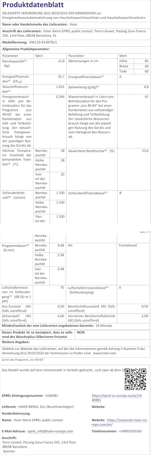 Haier I-PRO SERIE 7 PLUS HW120-B14979EU1 Waschmaschine / 12 kg / 20% effizienter als Klasse A/Smart Home - Wi-Fi & hOn App/Direct Motion Motor/Refresh-Programm & Fleckenoptionen