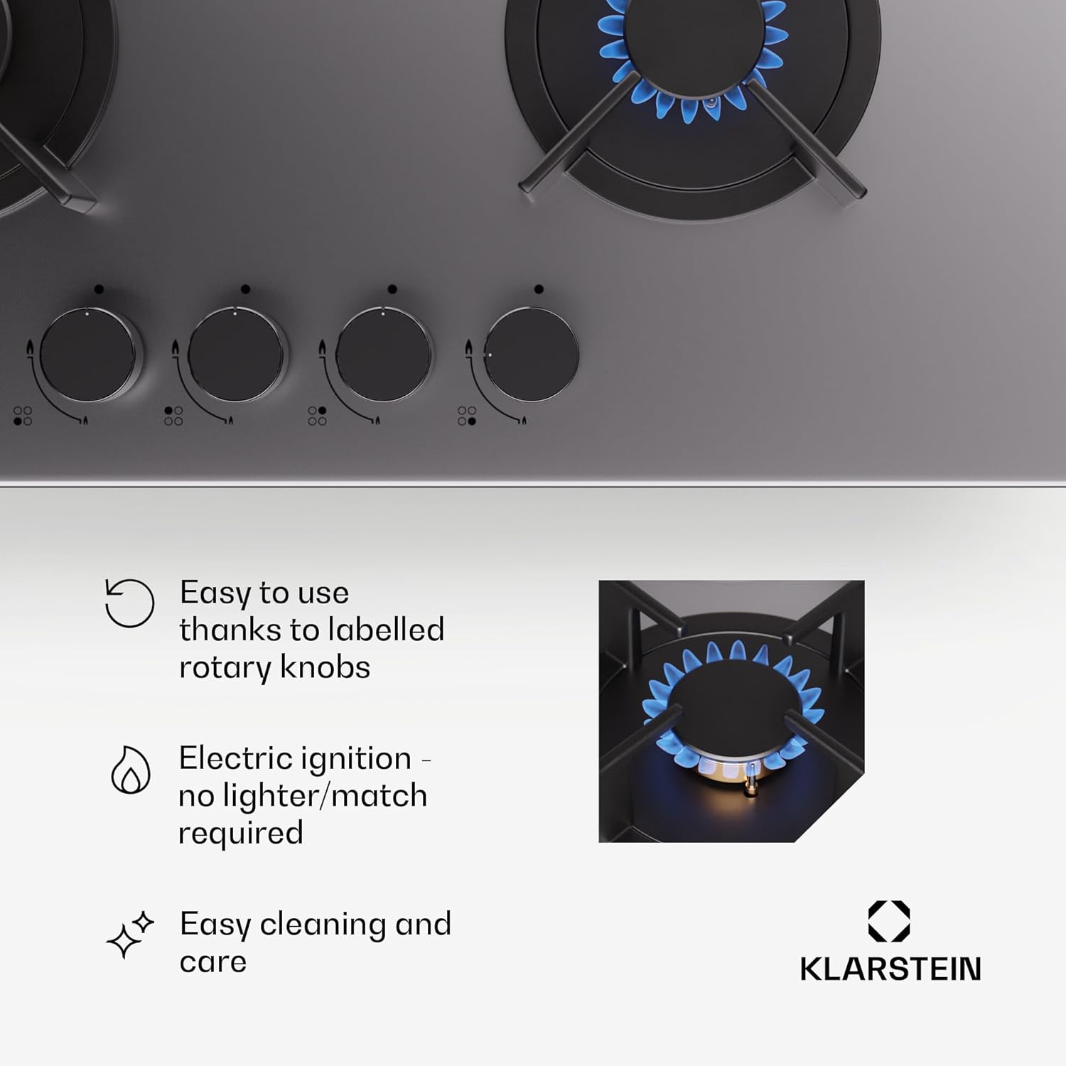 Klarstein Gasherd, Gaskochfeld 5 Flammen, Einbau-Gaskocher für Zuhause & Wohnmobil, Campingkocher mit Glasplatte, Gasherd für Propan- und Erdgas, Edelstahl Gas-Herdplatte Wok Brenner 10400 Watt