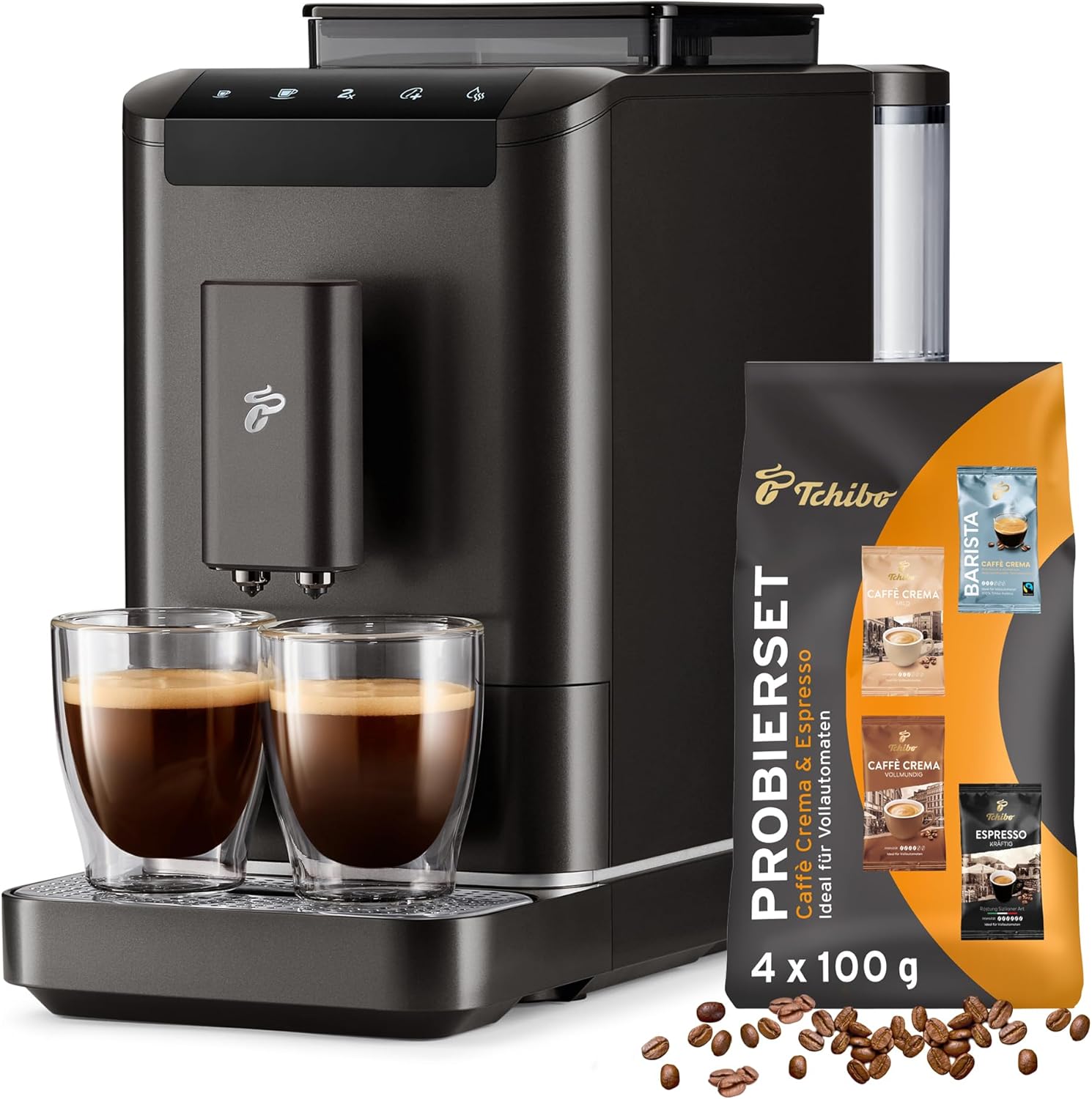 Tchibo Kaffeevollautomat Esperto2 Caffè mit 2-Tassen-Funktion für Caffè Crema und Espresso, Granite Black - INKLUSIVE Kaffeeprobierset GRATIS