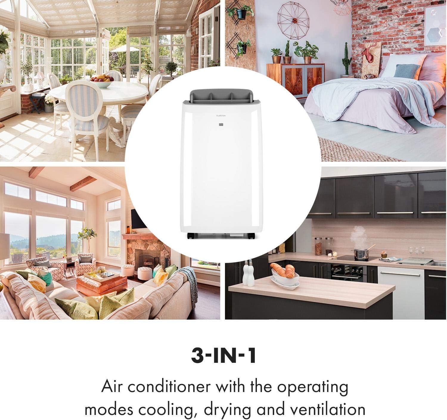 KLARSTEIN Grandbreeze Pro 14K – Mobiles Klimagerät, Luftentfeuchter, Ventilator, 3 Geschwindigkeiten, 14000 BTU/1,65 kW, Raum: 42 bis 68 m², Durchfluss: 460 m³/h, CEE A – Weiß Klimaanlage