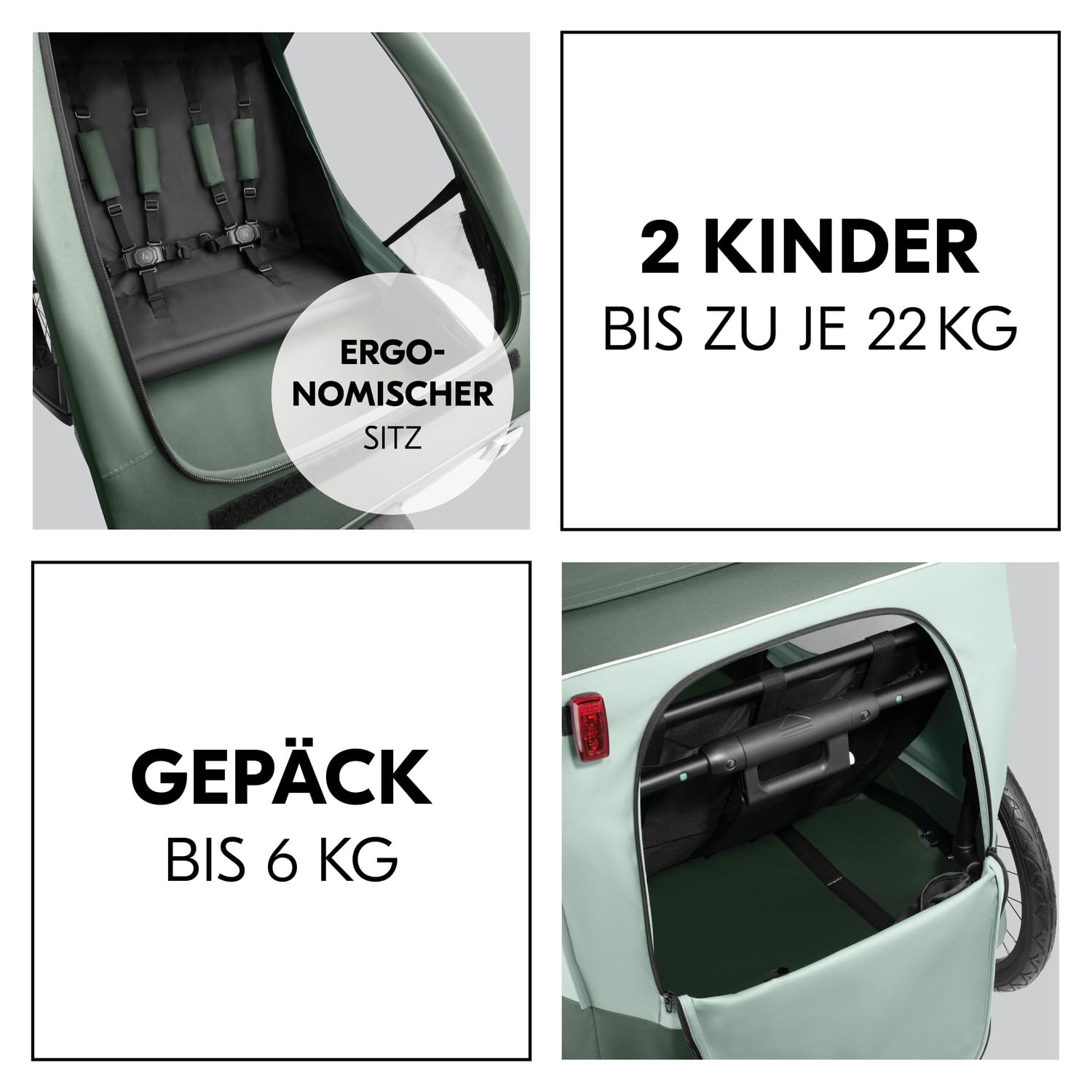hauck Fahrradanhänger & Kinderwagen Dryk Duo Plus mit Federung, für 2 Kinder (6-48 Monate), inkl. Deichsel, Buggyrad, Fahne und LED Licht, Faltbar, Höhenverstellbar, XL Kofferaum (Dark Green)