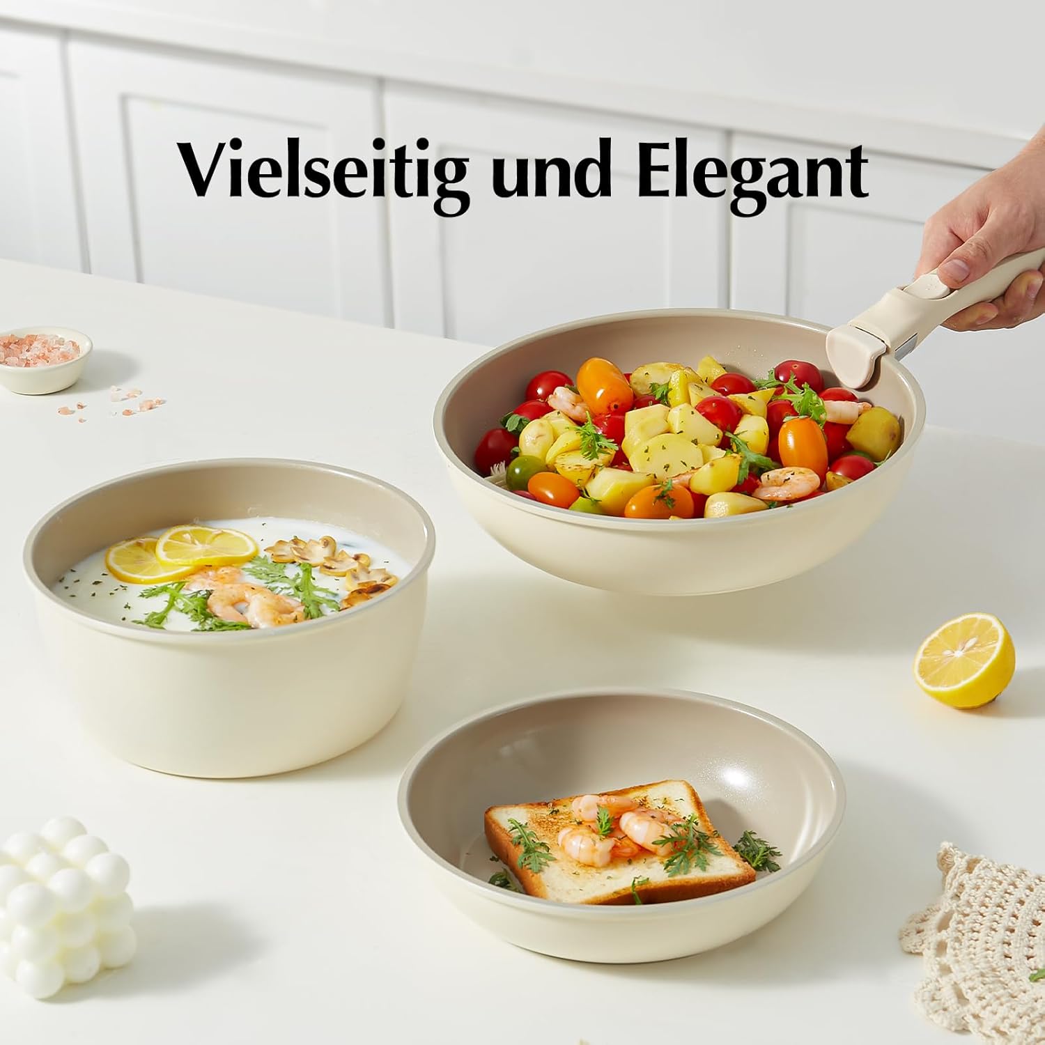 Redchef Topfsets Pfannenset 16-Teilig Antihaft-Keramik-Kochgeschirr-Set mit Abnehmbaren Griffen, Pfanne 20/26cm, Tiefe Bratpfanne 26cm, Topf 18/20cm, Stapelbar Topfset Für alle Herdarten, Ofenfest