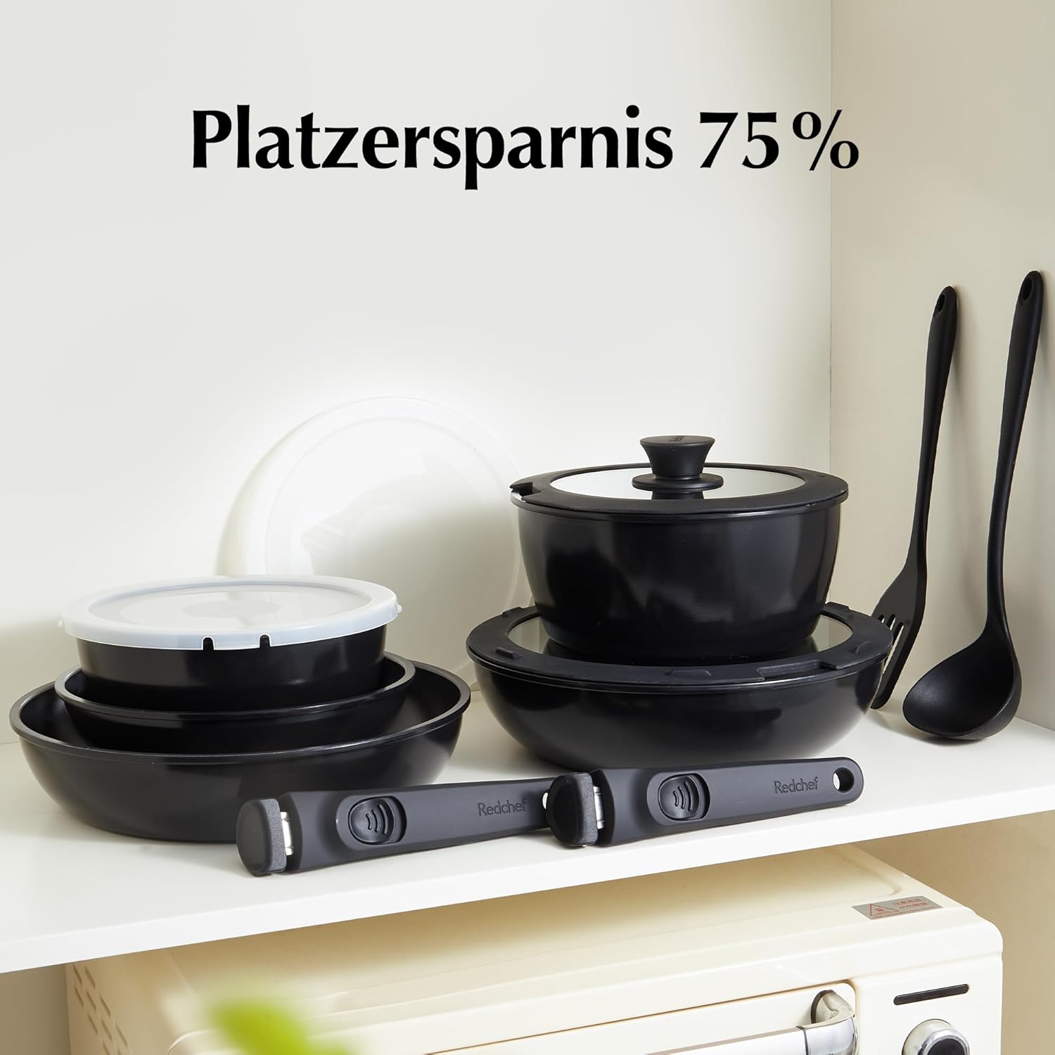 Redchef Topfsets Pfannenset 16-Teilig Antihaft-Keramik-Kochgeschirr-Set mit Abnehmbaren Griffen, Pfanne 20/26cm, Tiefe Bratpfanne 26cm, Topf 18/20cm, Stapelbar Topfset Für alle Herdarten, Ofenfest