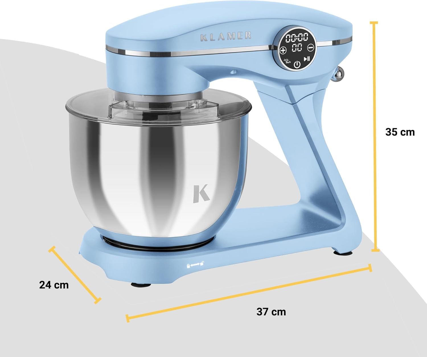 KLAMER Küchenmaschine 1800W, Knetmaschine mit 6 Liter Edelstahl Schüssel, 10 Geschwindigkeitsstufen mit Timer, Rührbesen, Knethaken, Schneebesen und Spritzschutz