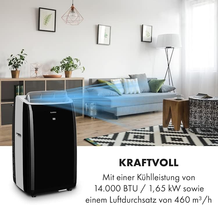 KLARSTEIN Grandbreeze Pro 14K – Mobiles Klimagerät, Luftentfeuchter, Ventilator, 3 Geschwindigkeiten, 14000 BTU/1,65 kW, Raum: 42 bis 68 m², Durchfluss: 460 m³/h, CEE A – Weiß Klimaanlage