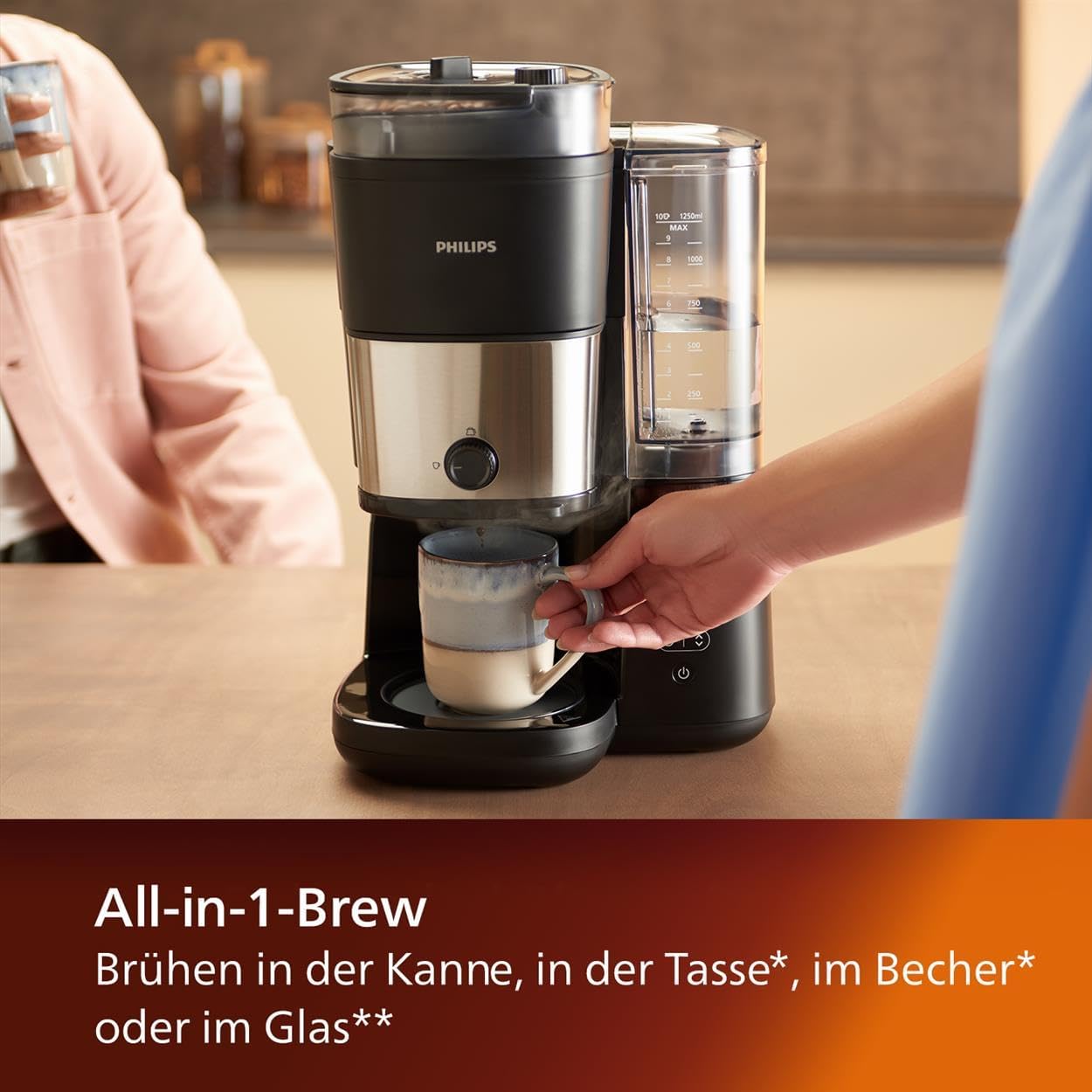 Philips All-in-1 Filterkaffeemaschine - integriertes Kegelmahlwerk für frisch gemahlenen Kaffee - Duo-Bohnenbehlter, 1,25-L-Glaskanne, individuelle Einstellung der Intensitt (HD7900/50)