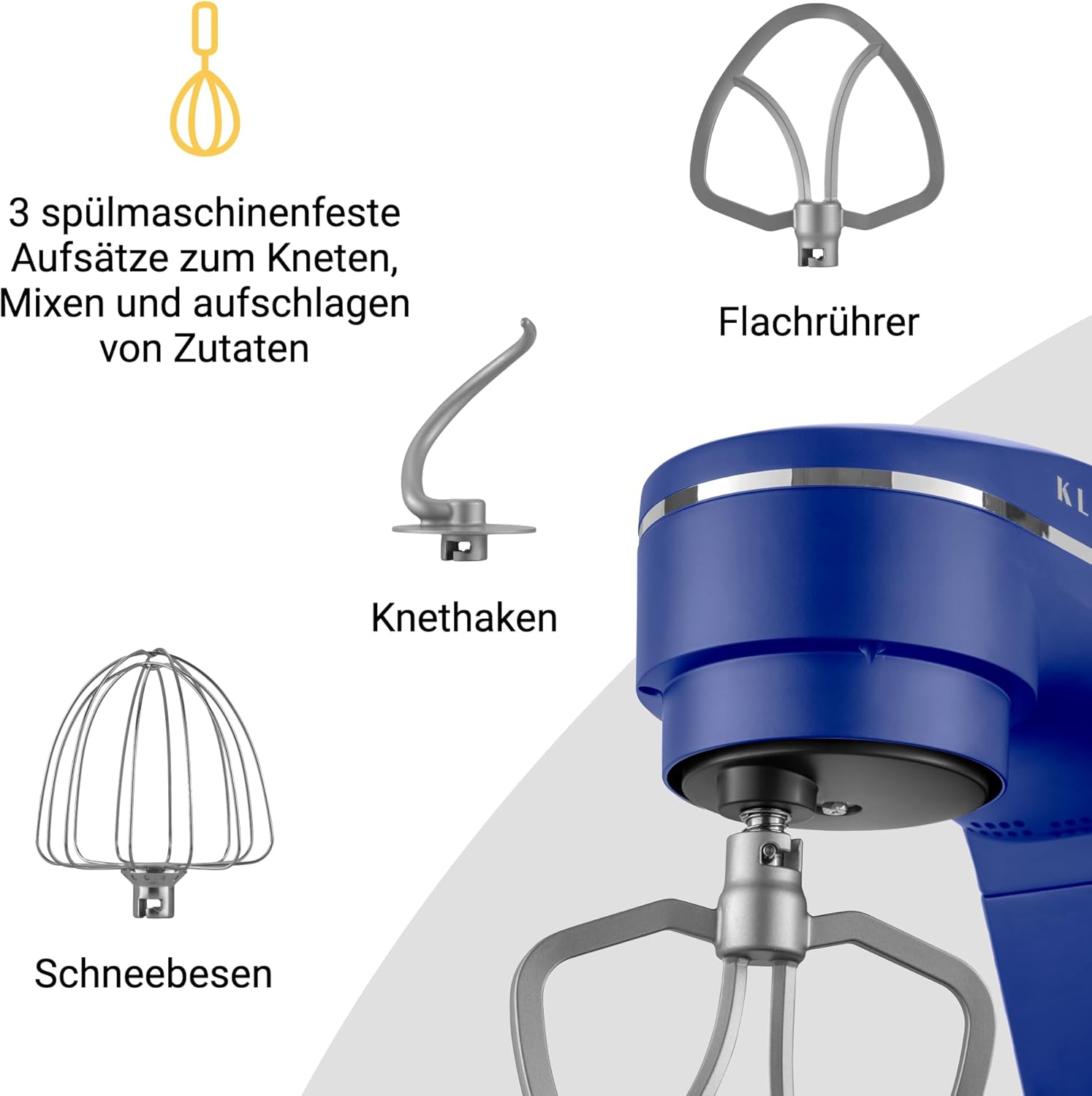 KLAMER Küchenmaschine 1800W, Knetmaschine mit 6 Liter Edelstahl Schüssel, 10 Geschwindigkeitsstufen mit Timer, Rührbesen, Knethaken, Schneebesen und Spritzschutz