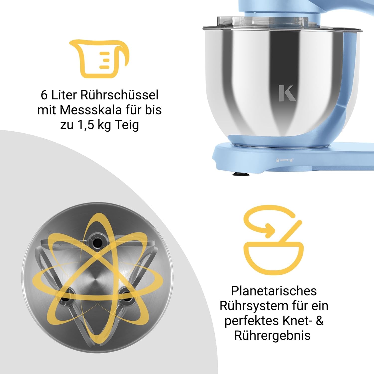 KLAMER Küchenmaschine 1800W, Knetmaschine mit 6 Liter Edelstahl Schüssel, 10 Geschwindigkeitsstufen mit Timer, Rührbesen, Knethaken, Schneebesen und Spritzschutz