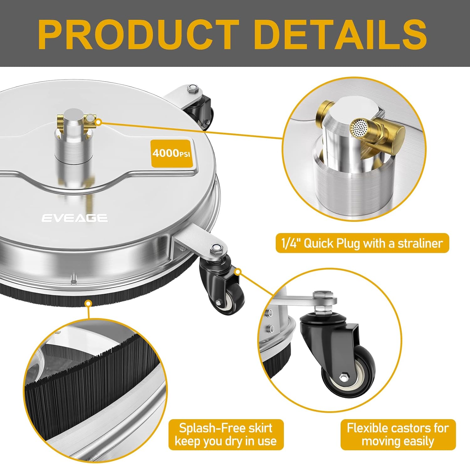 EVEAGE 50.8 cm Hochdruckreiniger Oberflächenreiniger Doppelgriff mit Wasserrückgewinnung,mit 4 Rädern, Edelstahlgehäuse Hochdruckreiniger Zubehör mit 2 Verlängerungsstab, 4000 PSI, EP004