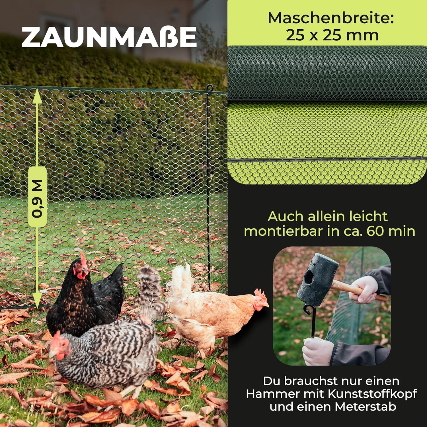 SELFmania Hühnerzaun 25m lang | ENGMASCHIG STABIL UV-SCHUTZ 120 cm hoch | Freilaufgehege Hühner mit 21 Befestigungsstäben + 25 U-Heringe | Hundezaun | Kleintiere | Geflügelzaun | Hühner Zubehör