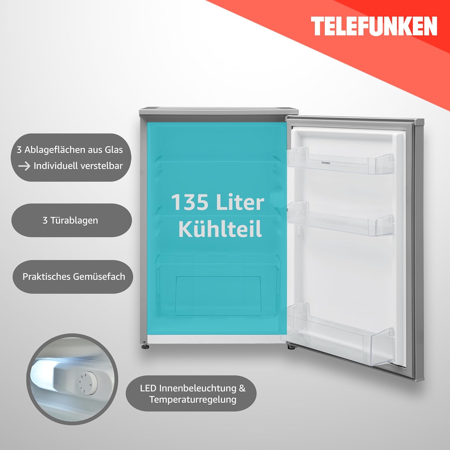 TELEFUNKEN Kühlschrank ohne Gefrierfach | Freistehend | 135 Liter Nutzinhalt | Kühlschrank klein mit Gemüsefach | LED-Beleuchtung | Türanschlag wechselbar | C-135-100-W weiß