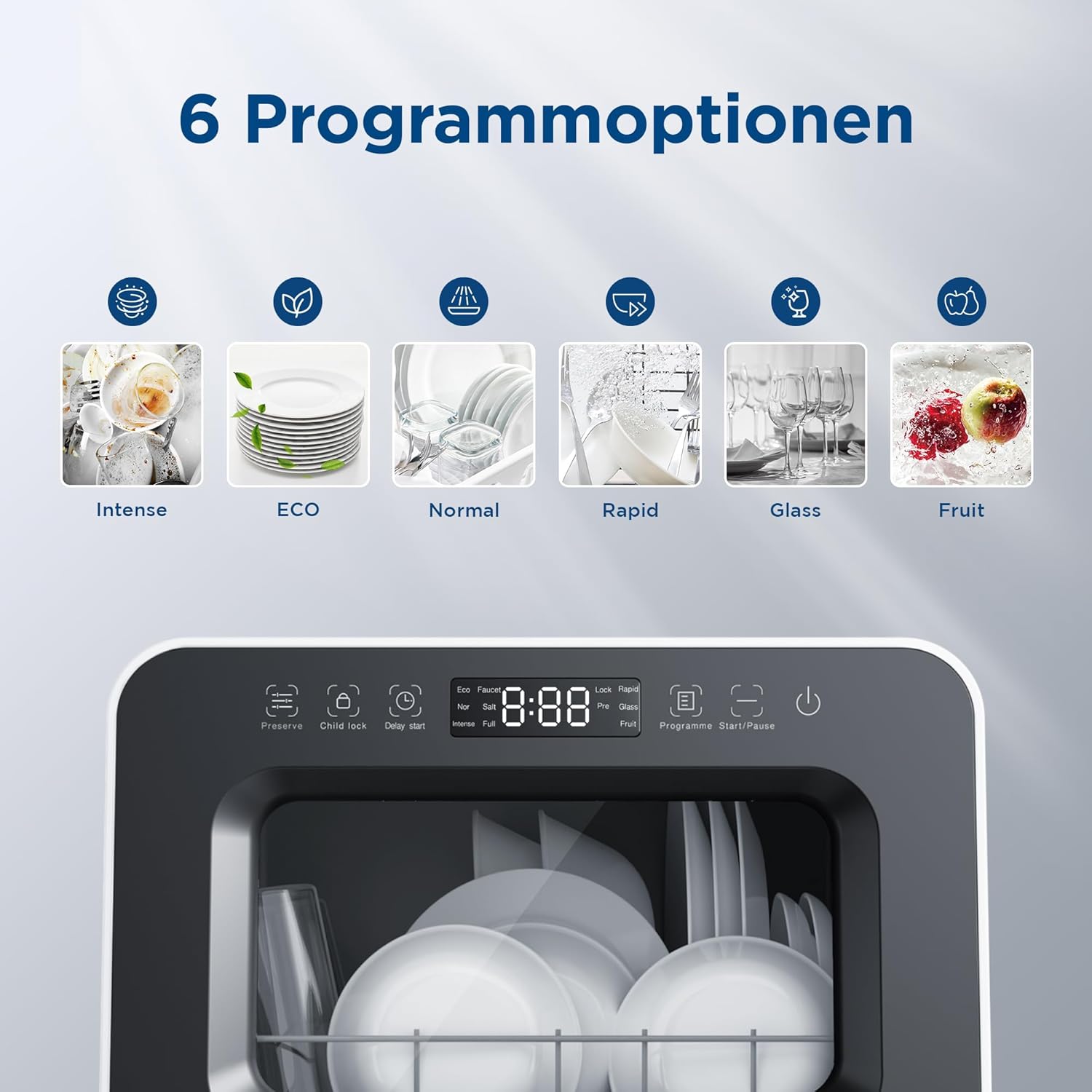 Gudsunal Tischgeschirrspüler, Mini Geschirrspüler mit 7L Wassertank,ohne Wasseranschluss, 6 Programme,72°C Hochtemperatur-Hygiene,Hybrid-Trocknung & Erhaltungsfunktion, Spülmaschine klein für Camping