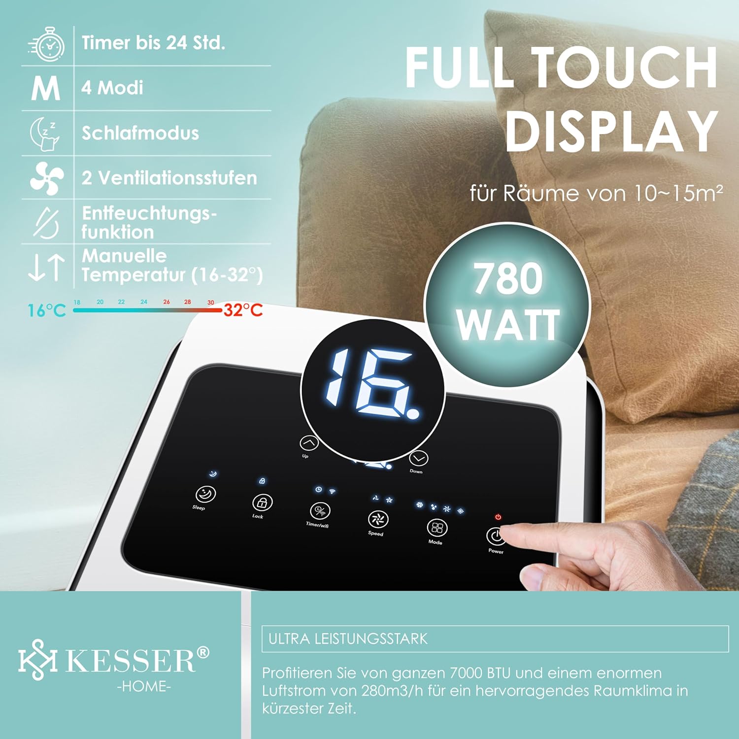 KESSER® Klimaanlage Mobiles Klimagerät 4in1 kühlen | Luftentfeuchter lüften | Ventilator 9000 BTU/h 1005W | Mobil Klima mit Montagematerial, Fernbedienung & Timer | Nachtmodus & 360° Rollen
