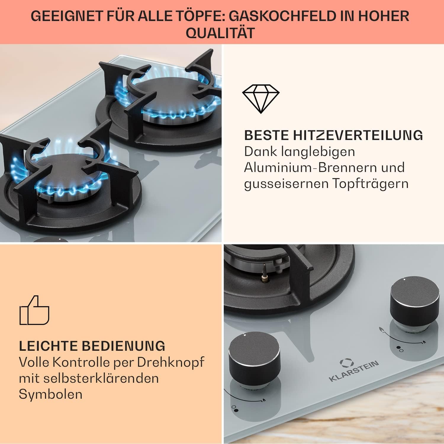 Klarstein Gasherd, Einbau-Gasherd für Propan Gasflasche, Gaskochfeld 4 Flammig, Gasherd für Küche, Camping & Wohnmobil, 8000 W Kochplatte, LPG Gaskocher, Herdplatte für Propangas, Edelstahl Gas-Herd