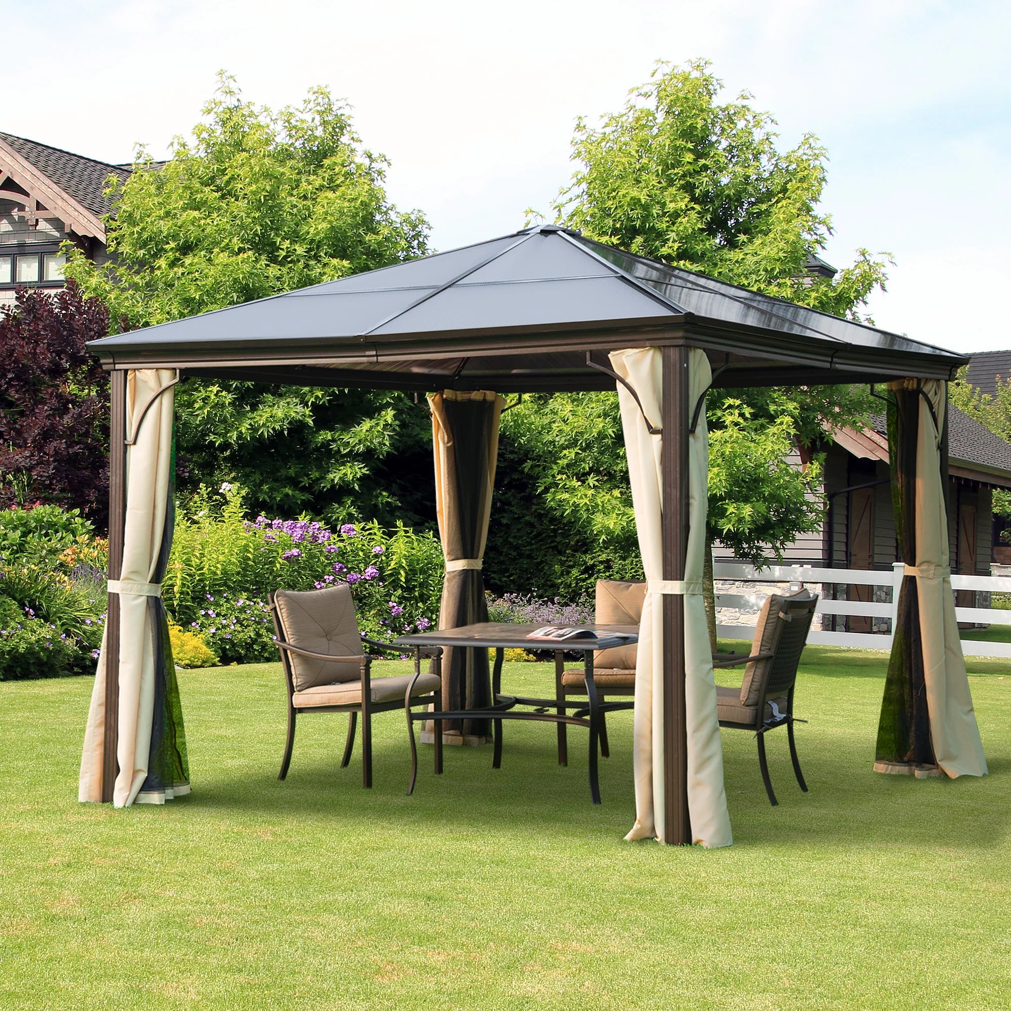 Outsunny Gartenpavillon Hardtop mit Polycarbonat-Dach Fliegennetz Alu
