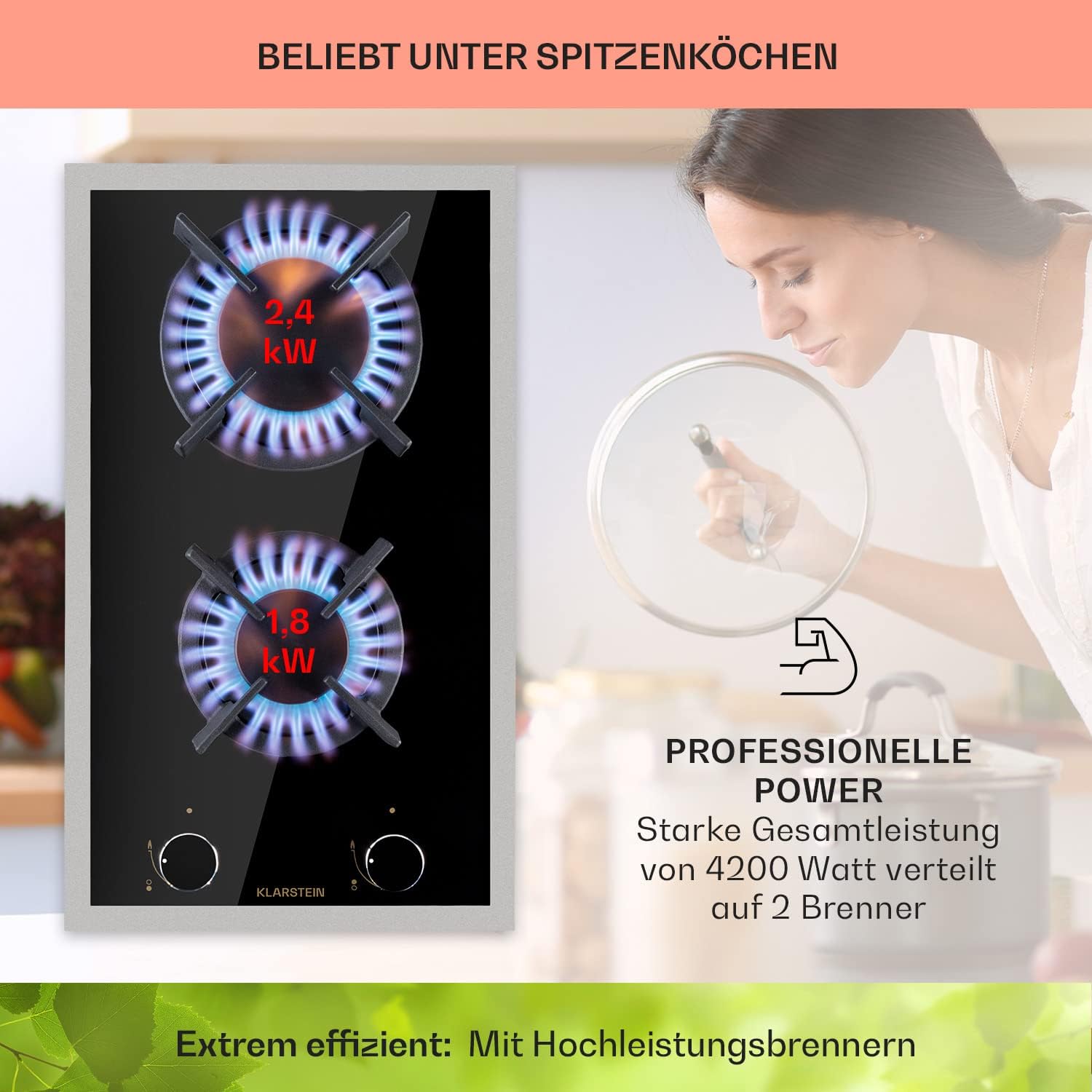 Klarstein Gasherd, Gaskochfeld 4 Flammig, Einbau-Gaskocher für Zuhause & Wohnmobil, Campingkocher mit Glasplatte, Gasherd für Propan- und Erdgas, Edelstahl Gas-Herdplatte Wok Brenner 8000 Watt