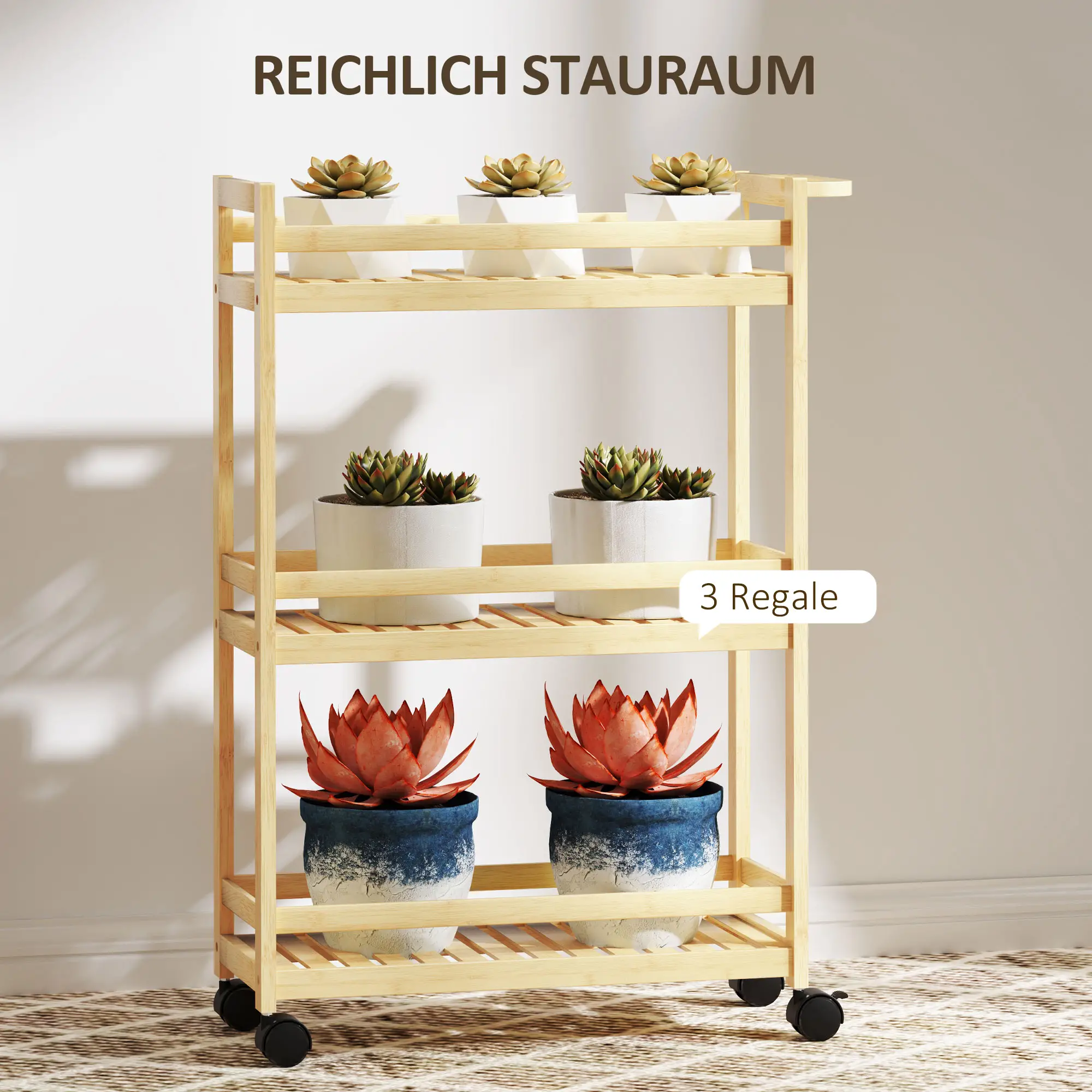 HOMCOM Servierwagen mit Rollen und Lamellenablagen Bambus