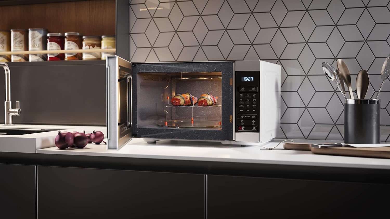 SHARP MG81ES Mikrowelle mit Grill (Mikrowelle: 900W, Grill: 1100W, 11 Leistungsstufen, Auftaufunktion, Abmessungen: 512x300x396cm, Emaille-Keramik-Garraum mit antibakteriellen Eigenschaften), silber