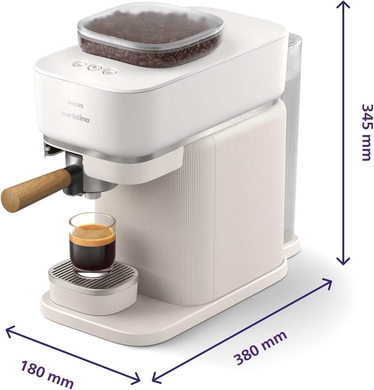 Philips Baristina Espressomaschine - Real Espresso- made simple. Kompakte Kaffeemaschine- Naturweiß mit weißem Siebträger- 16-bar-Pumpendruck- automatisches Mahlwerk- Cafe Crema (BAR300/00)