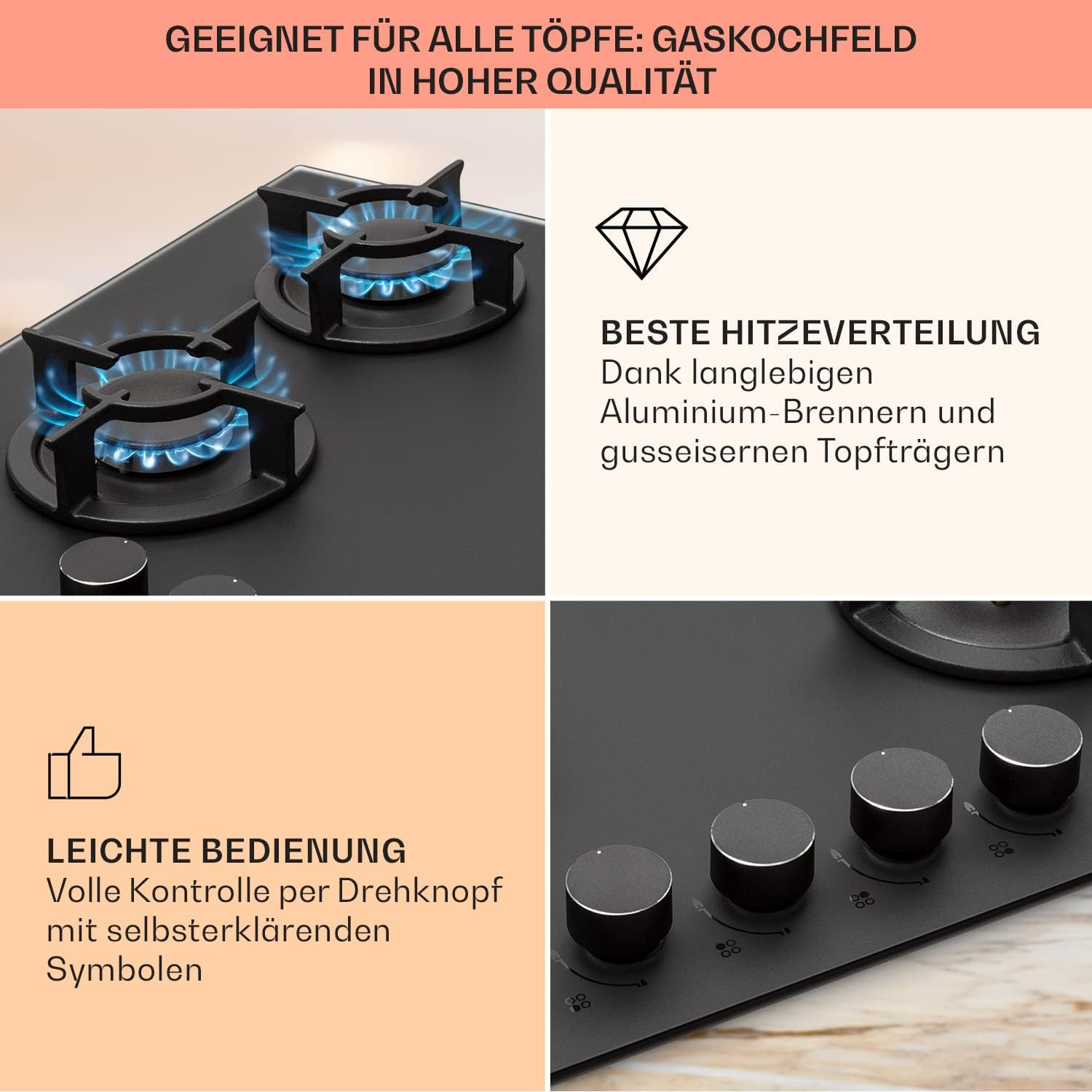 Klarstein Gasherd, Einbau-Gasherd für Propan Gasflasche, Gaskochfeld 4 Flammig, Gasherd für Küche, Camping & Wohnmobil, 8000 W Kochplatte, LPG Gaskocher, Herdplatte für Propangas, Edelstahl Gas-Herd