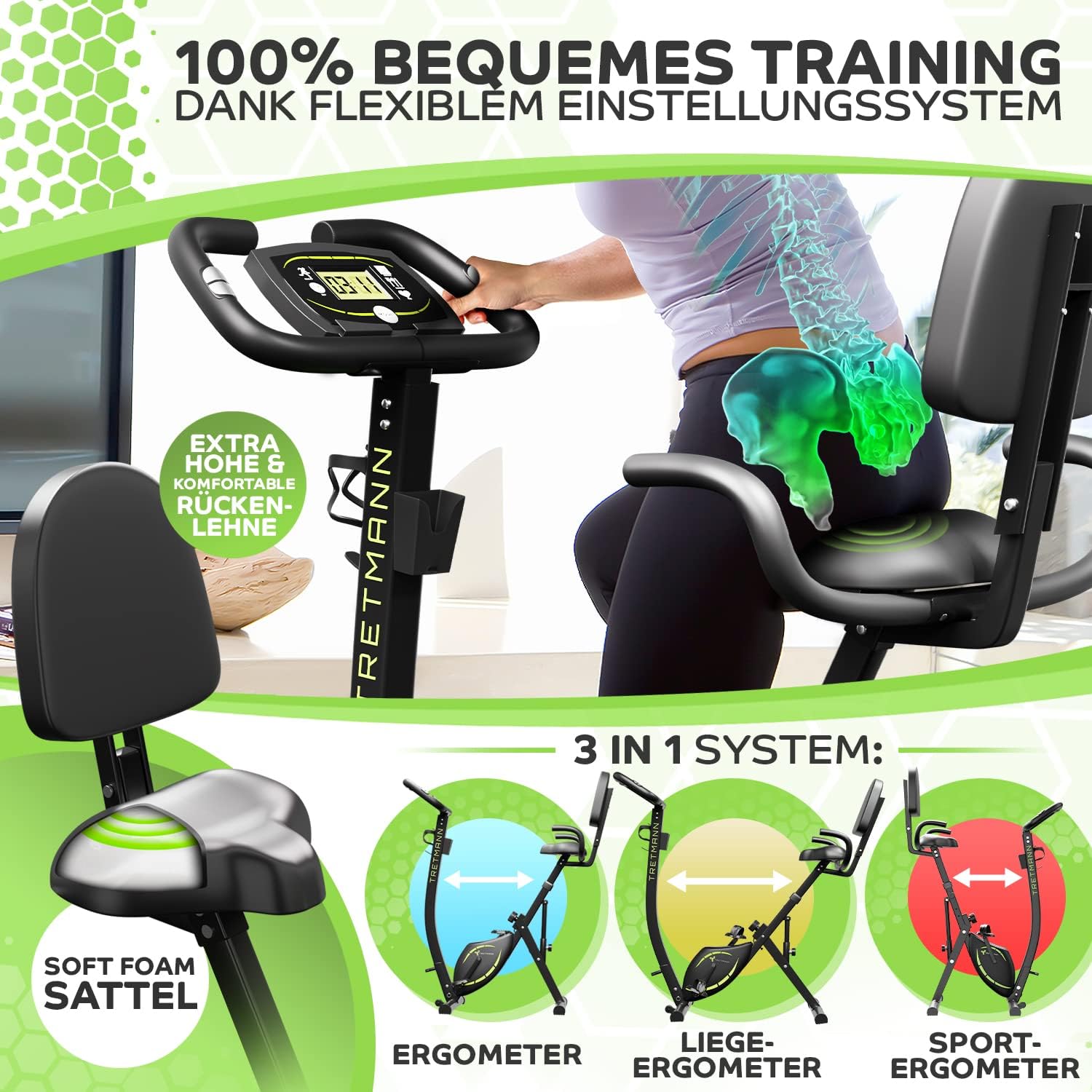 Tretmann NEU 3in1 Heimtrainer Fahrrad klappbar -extra leise & komfortabel - [SoftFoam] DEKRA geprüft - mit tiefem Einstieg Hometrainer Fahrrad Ergometer heimtrainer klappbar zuhause fitnessbikes
