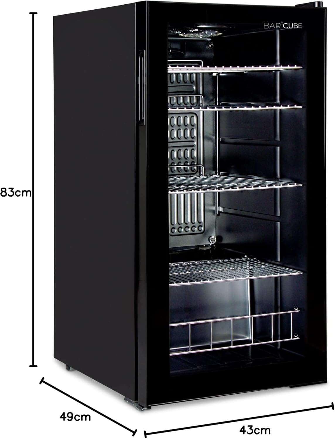 °CUBES Getränkekühlschrank 90L mit Glastür & 4 variablen Ablagen | Kompakter Flaschenkühlschrank, perfekt für zu Hause, Büro, Partys & Gastro | Stilvoller Kühlschrank mit Glastür, schwarz