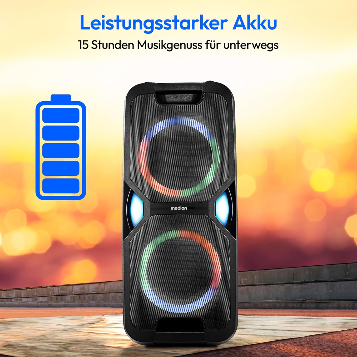 MEDION P61468 Party-Soundsystem (Partylautsprecher inkl. Mikrofon, Karaoke, Akku, UKW Radio, Bluetooth 5.0, Kompaktanlage, 2X 220 Watt, Farbige LED, USB, AUX, 2X Mikrofonanschluss)