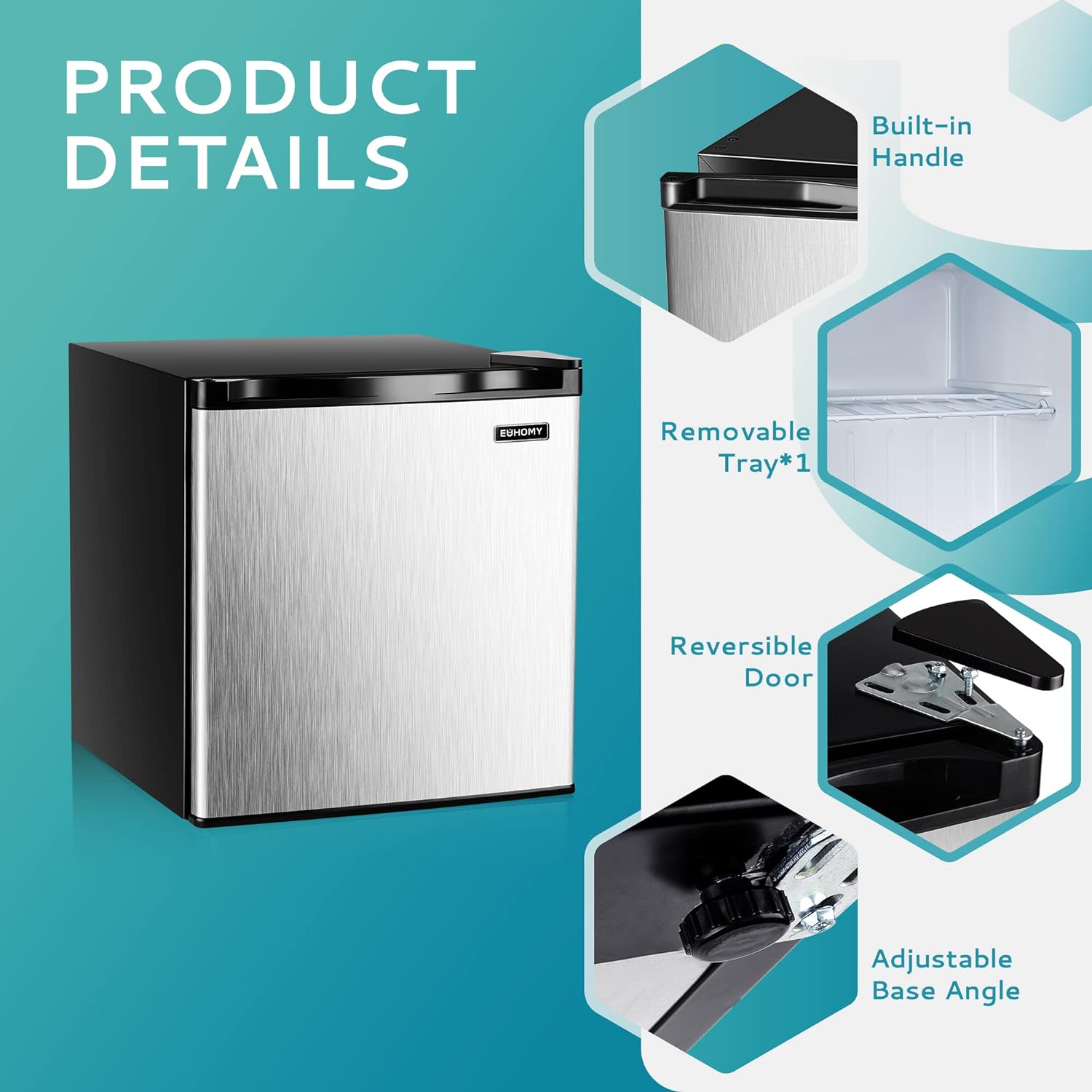 EUHOMY 46L Mini-Kühlschrank mit Umkehrbarer Tür, 7-Stufen Thermostat + Kühlbox, 39dB Ultra-Leise Kühlschrank klein für Schlafzimmer/Büro, Energieeffizient, Kompakt (Schwarz)