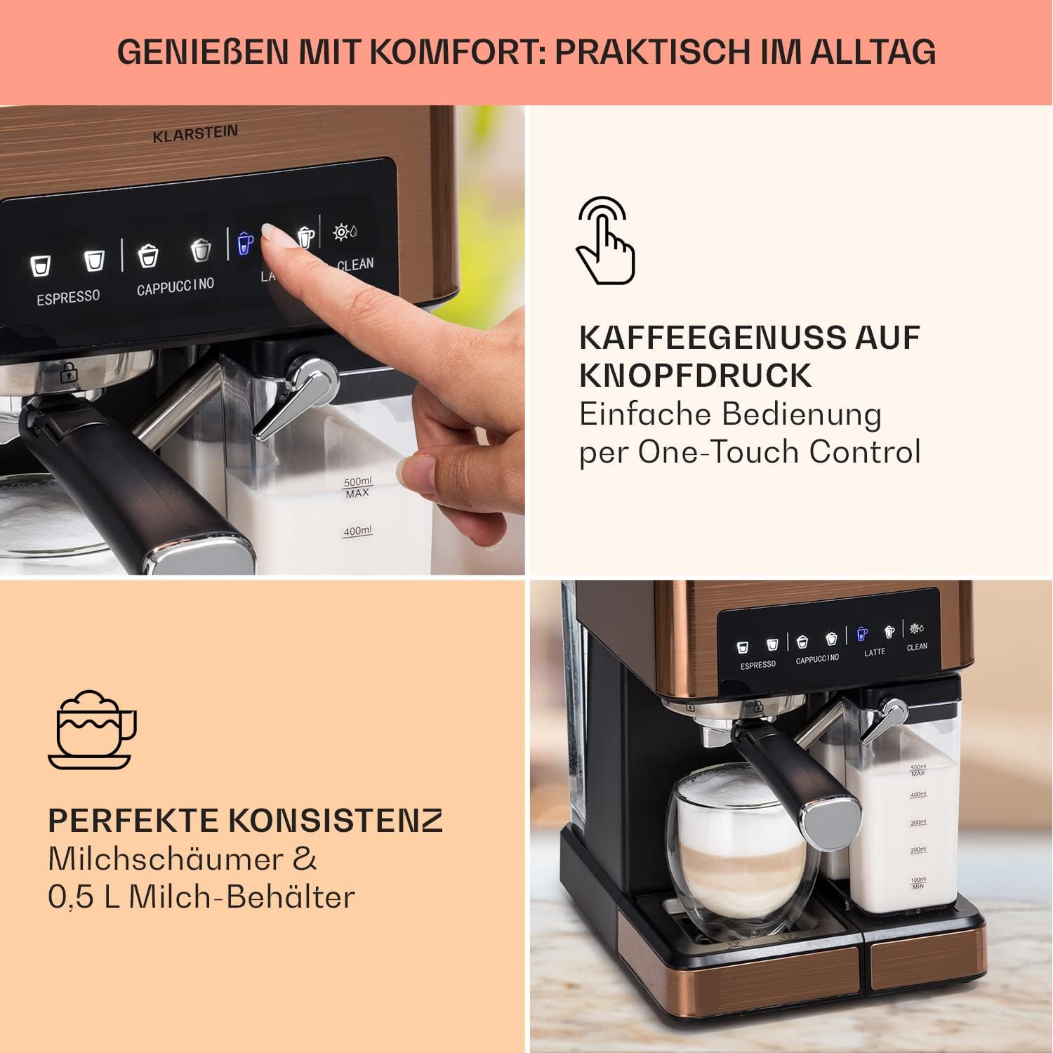 Klarstein Espresso Siebträgermaschine mit Milchaufschäumer, 1,8L Mini-Espressomaschine mit Siebträger, 20 Bar, Edelstahl, Klein, 0,5L Milchtank, 1350W Kaffeemaschine für Gemahlenen Kaffee