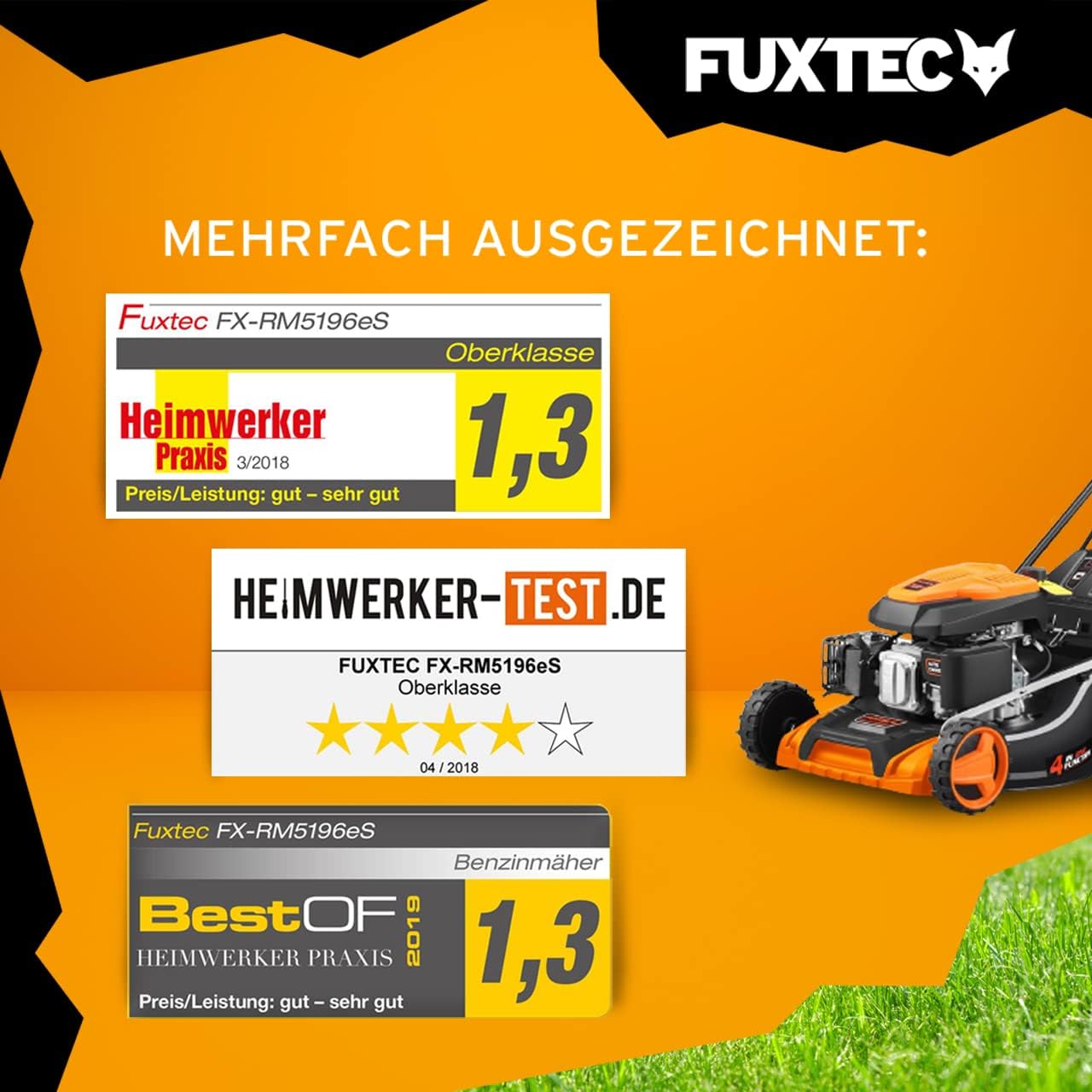 FUXTEC 4in1 Benzin Rasenmäher FX-RM5196eSPRO mit E-Start und regulierbarem Selbstantrieb, Gartenmäher inkl. Frontstoßstange, 51 cm Schnittbreite, kugelgelagerte Big Wheel Räder, 60L Grasfangkorb