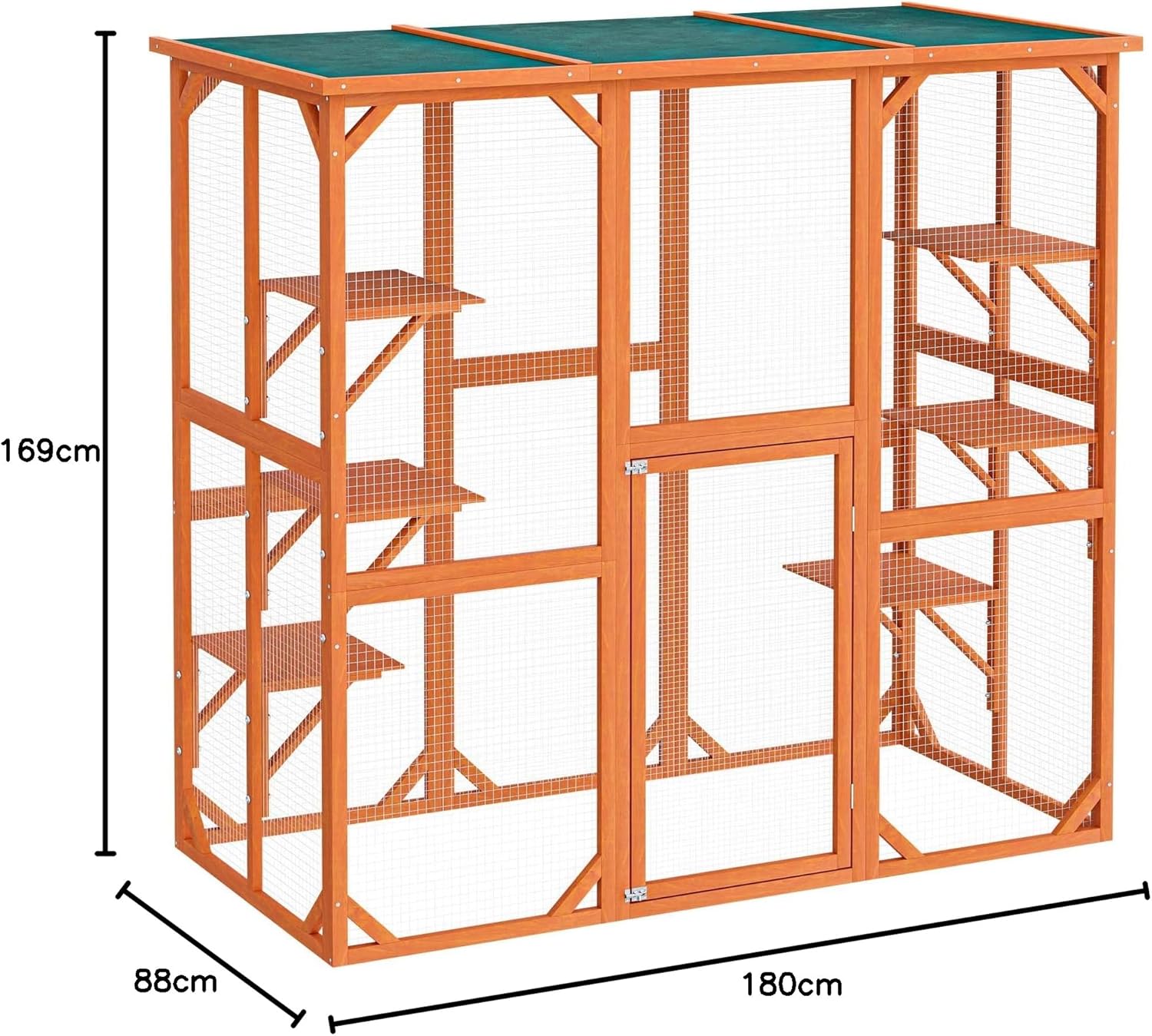 Wiltec Freilaufgehege Katzen 168 x 82 x 166,5 cm mit 6 Liegeflächen, wetterfestes Katzengehege Garten, Katzenhaus mit Drahtgitter und Bitumen Dach