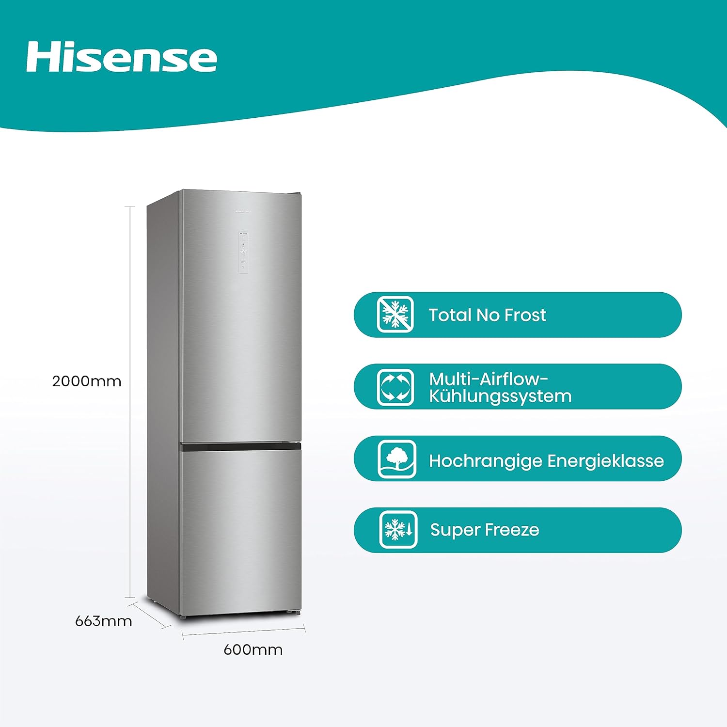 Hisense RB327N4AD2 Kühl-Gefrierkombination/ NoFrostPlus/ Multiflow 360°/ HolidayMode/ FreshZone/ 182,4 cm/ Kühlteil 171 l/ Gefrierteil 85 l/ 41 dB/ 287 kWh/ Jahr/ Edelstahl-Look