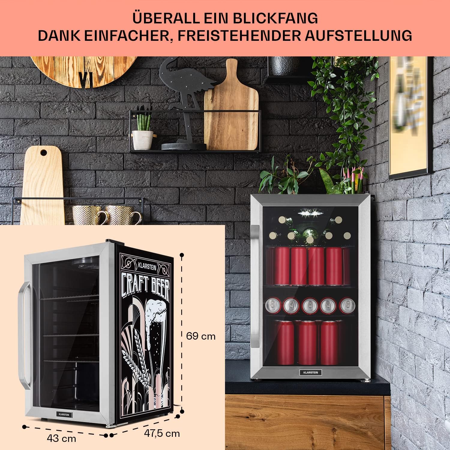 Klarstein Kühlschrank 70L, Kleiner Kühlschrank mit Herausnehmbaren Ablagen, Leiser Mini Kühlschrank mit Glastür & LED, Getränkekühlschrank Klein, Outdoor Geeignet, Biersafe für Flaschen, 0-10°C