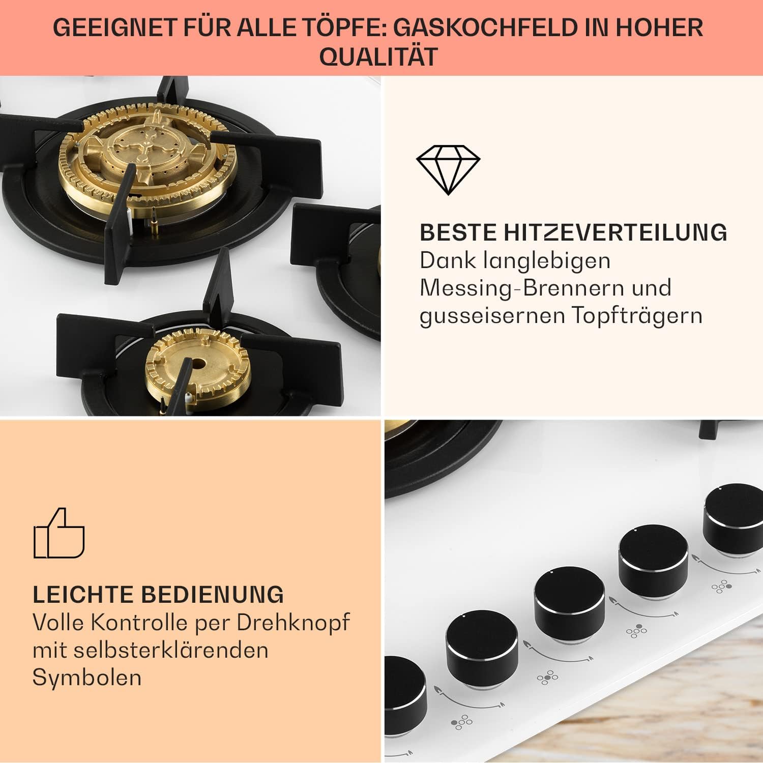 Klarstein Gasherd, Gaskochfeld 5 Flammen, Einbau-Gaskocher für Zuhause & Wohnmobil, Campingkocher mit Glasplatte, Gasherd für Propan- und Erdgas, Edelstahl Gas-Herdplatte Wok Brenner 10400 Watt