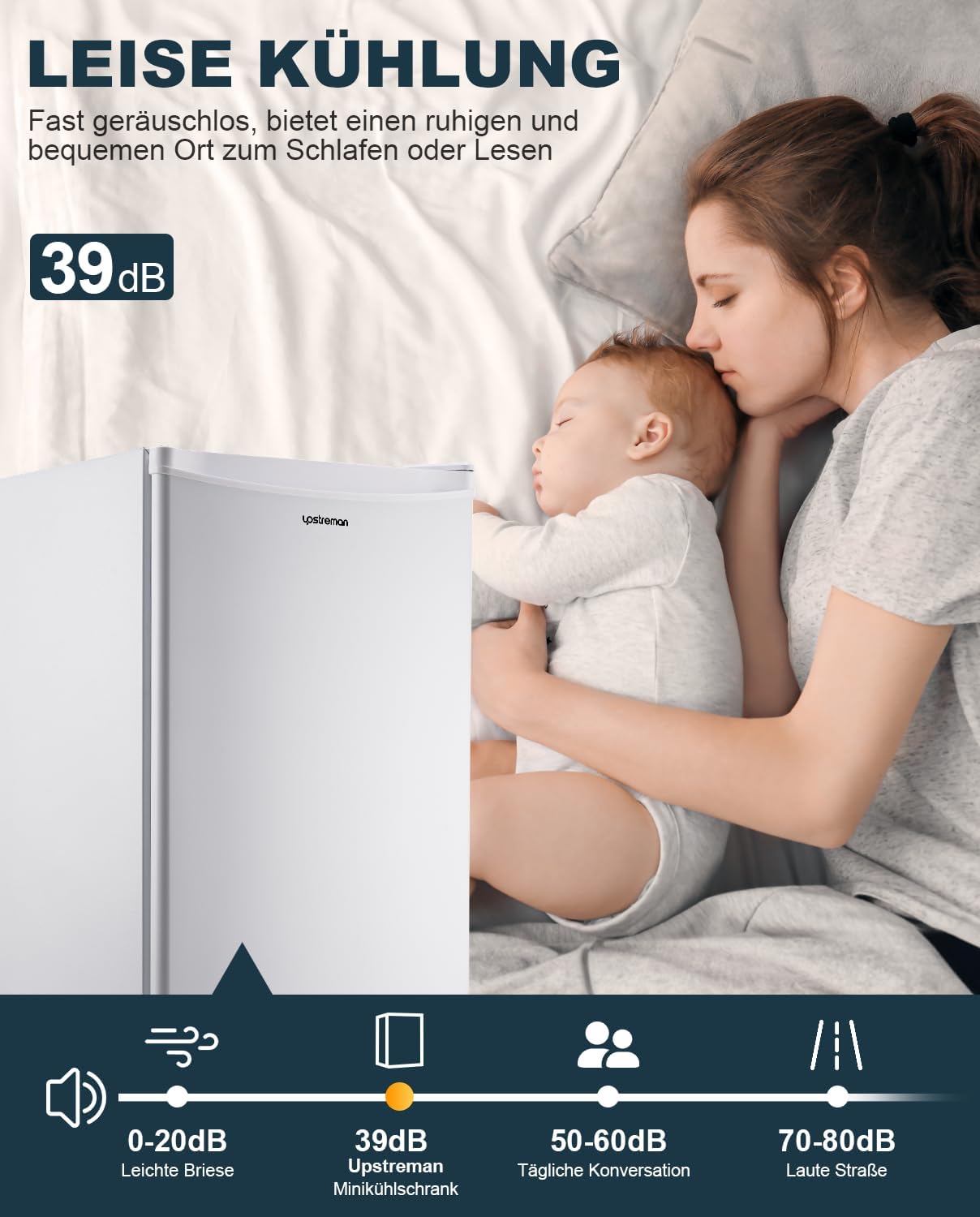 Upstreman 91L Kühlschrank mit Gefrierfach,Kleiner Kühlschrank mit Gemüsefach und Gefrierfach, Einstellbarem Thermostat, Mini-Kühlschrank für Wohnheim, Büro, Schlafzimmer, Weiß-BR321