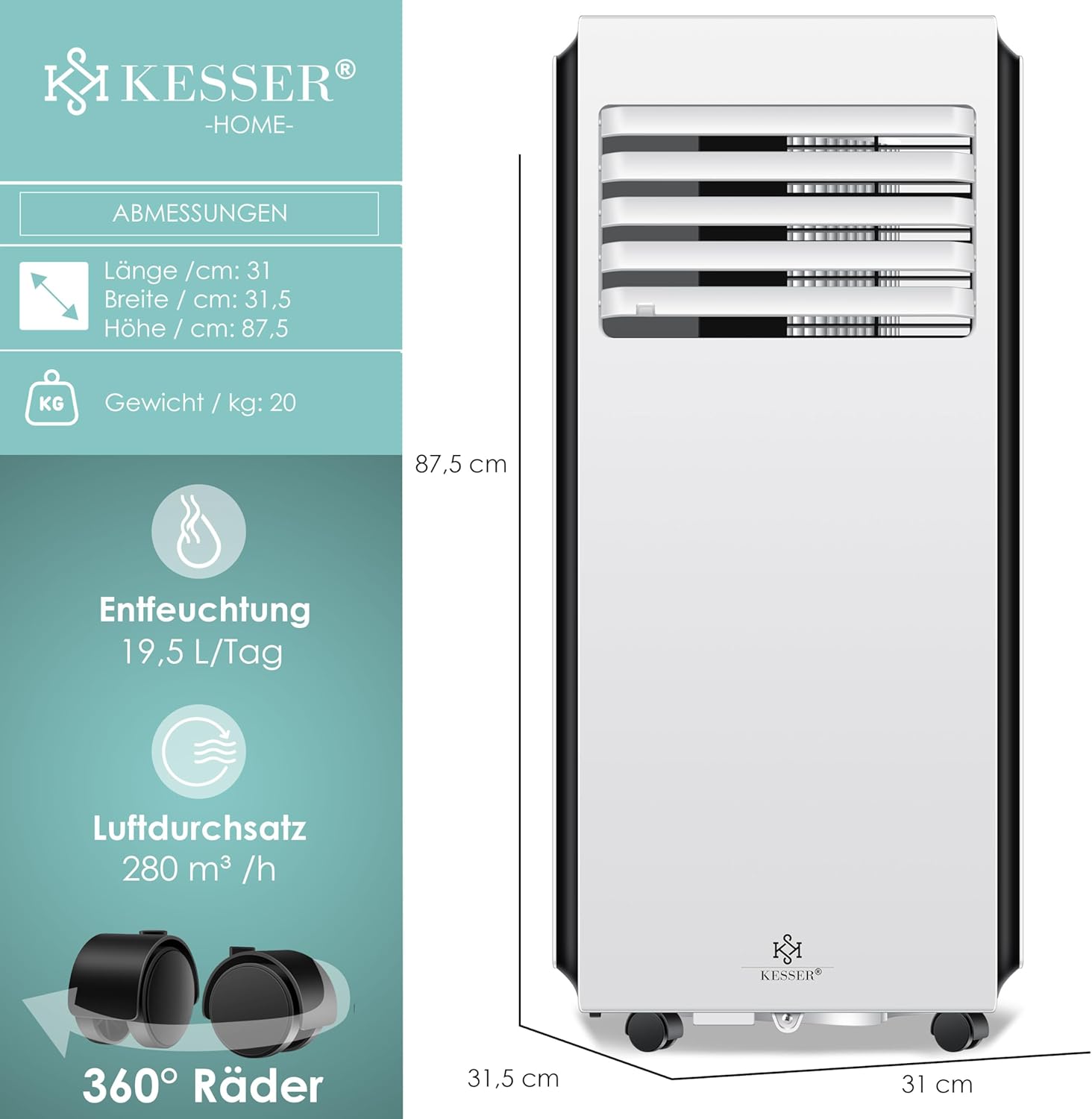 KESSER® Klimaanlage Mobiles Klimagerät 4in1 kühlen | Luftentfeuchter lüften | Ventilator 9000 BTU/h 1005W | Mobil Klima mit Montagematerial, Fernbedienung & Timer | Nachtmodus & 360° Rollen