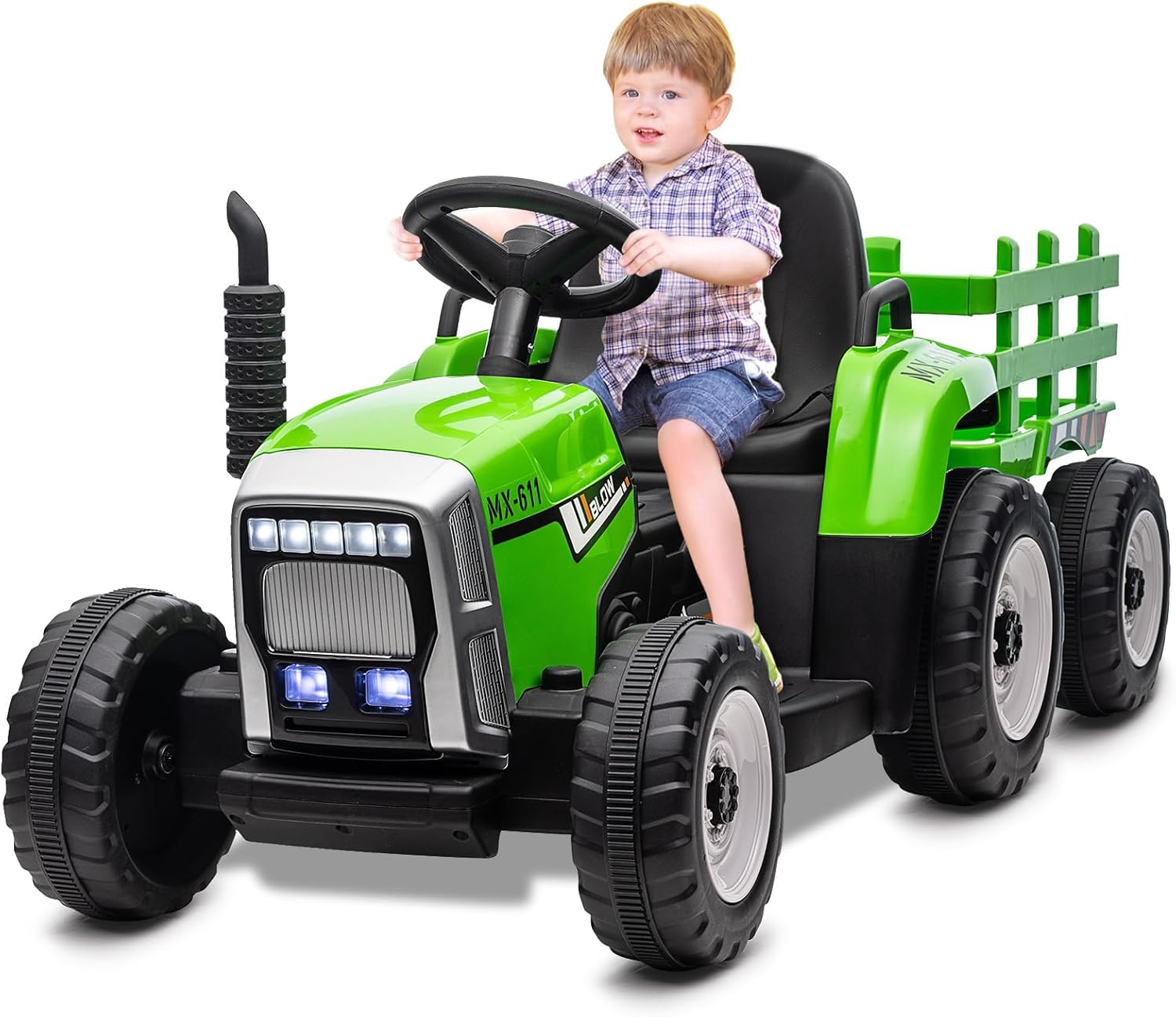 HAUSPROFI 12V 3-Gang Kinder Elektroauto mit Anhänger, Elektro Traktor 2 Fahrmodi, 2,4G-Fernbedienung, Kinder Traktor LED-Licht, Bluetooth, Musik, USB, Elektrischer Traktor für kinder ab 3 Jahren, Grün