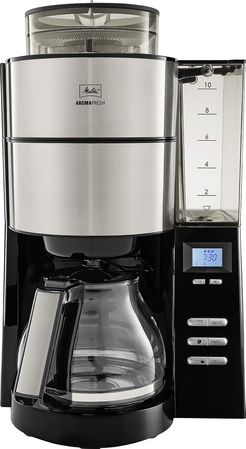 Melitta AromaFresh - Filterkaffeemaschine - mit Glaskanne - integriertes Mahlwerk - Timer Funktion - 10 Tassen - Pure Black